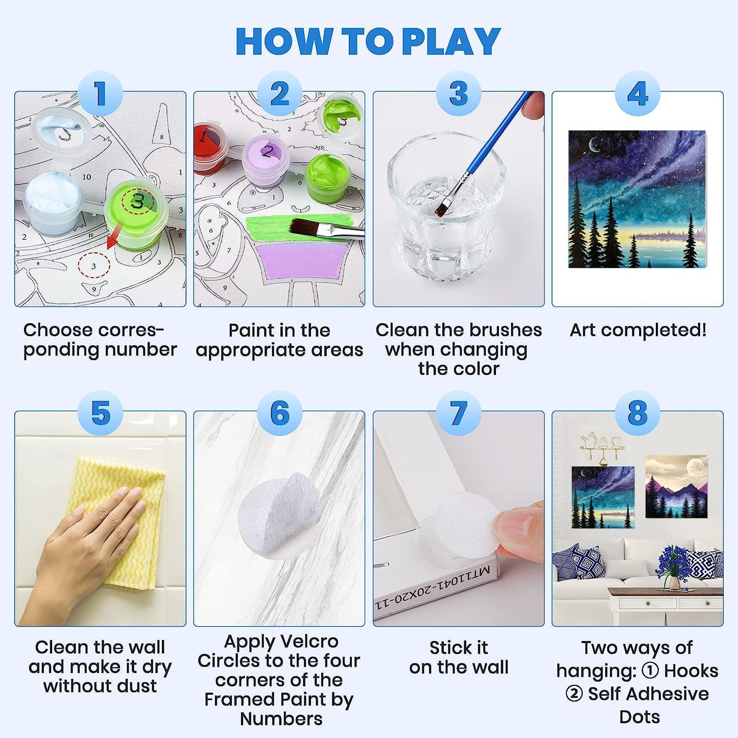 Paint by Numbers Kits, Paint by Number for Adults Canvas with Frame, Easy DIY Acrylic Paint by Numbers, 4 Pack Moon Mountain Lake Landscape Oil Painting for Kids & Adults Beginners (8x8 Inch)