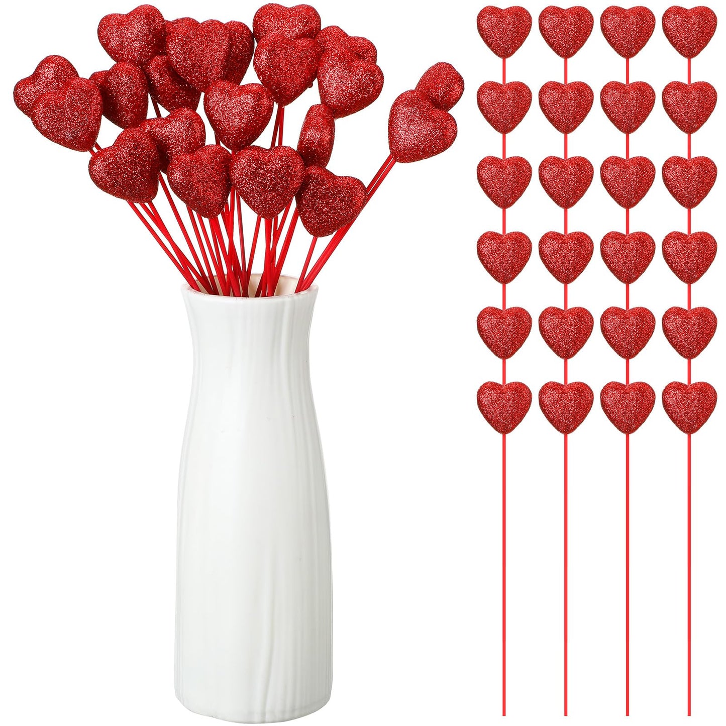 ZCYSRLQIN 24 Pcs Glitter Foam Hearts Sticks Foam Heart Picks Sparkly Hearts Stems Puffy Heart Wooden Picks for Wedding Decorations Flower Arrangements Crafts (Red)