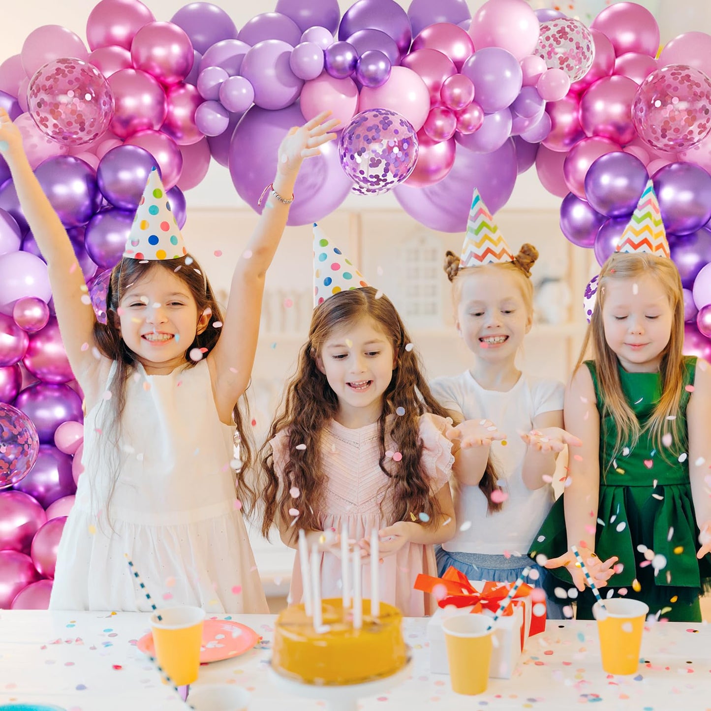 Pink Purple Balloon Garland Arch Kit,160Pcs Metallic Purple Magenta Balloons Pink and Purple Confetti Balloons with Heart Foil Balloon for Girl Birthday Bridal Baby Shower Party Decoration