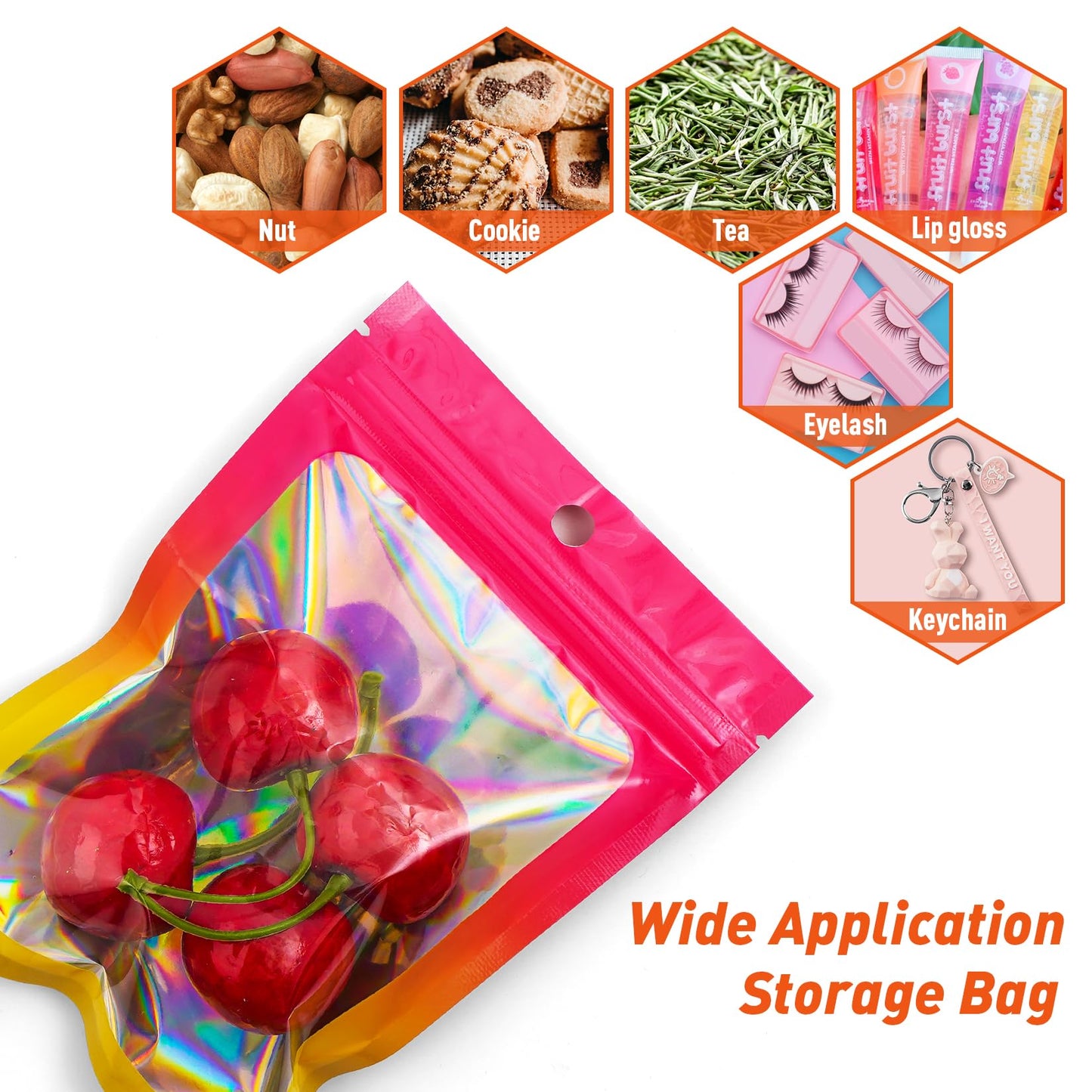 Funfery 100 Pack Gradient Holographic Bags,Mylar Resealable Bags with Zipper,Clear Window Packaging Pouchs,Smell Proof Foil Bag for Food Storage,Sample Jewelry Baggies(4×6In,Hot Pink Orange)