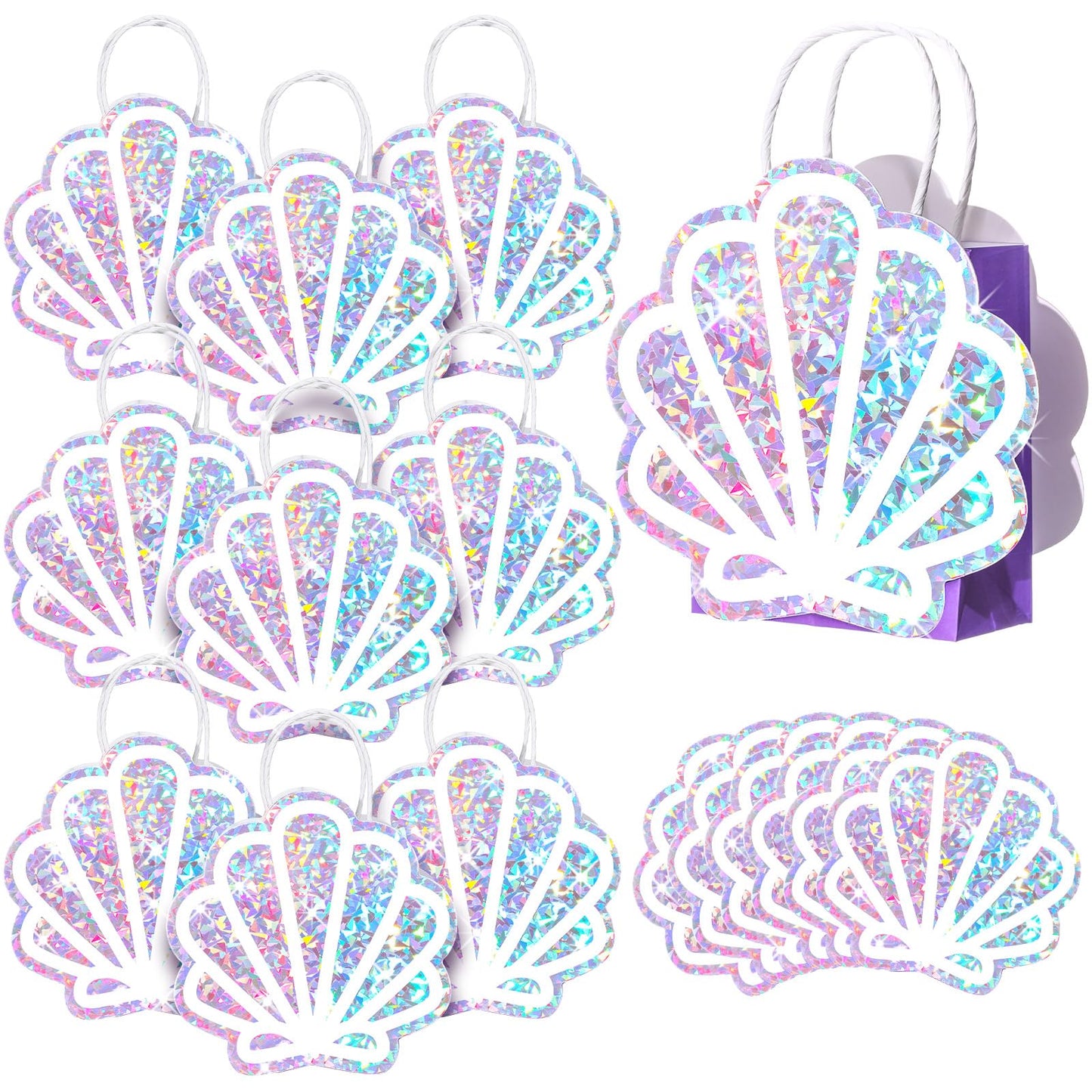 Locmeo 24 Pack Sea Shell Gift Bags Mermaid Goodie Bags Party Favor Iridescent with Handle for Under The Sea Party Summer Ocean Beach Birthday Wedding Shower Celebration Supply Decoration (Holographic)