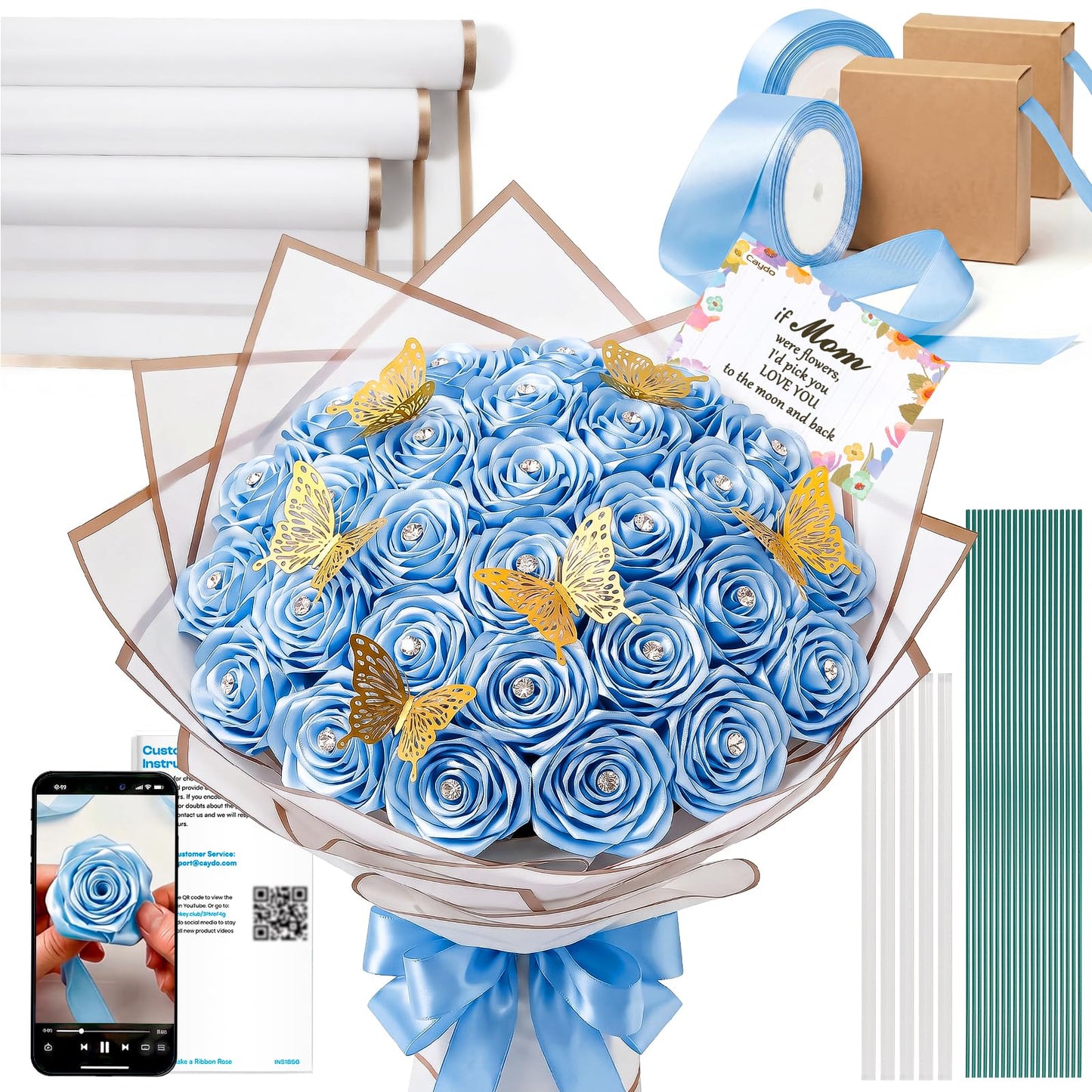 Caydo Sky Blue Ribbon Rose Bouquet for 2026 Graduation Gifts, 91PCS Ribbon Flower Making Kit with Floral Stem Wire, Wrapping Paper, Glue Stick, 3D Butterfly & Diamond Pins