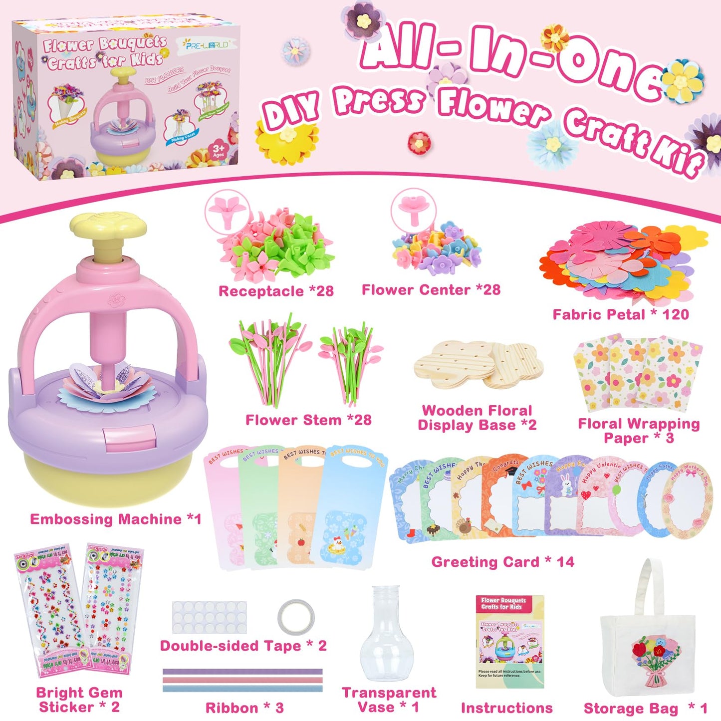 DIY Flowers Craft Kit for Girls, Flower Bouquet Maker Machine with 120 Fabric Petals, 14 Greeting Cards, Gift Wrap, Vase & Storage Bag, Creative Floral Arts and Crafts Toy for Kids Ages 3-12