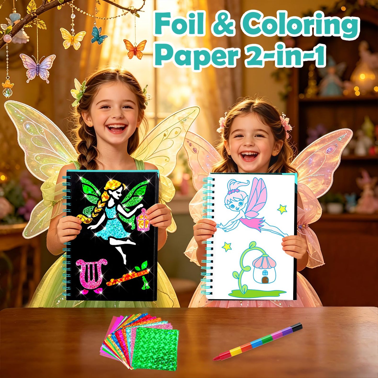 FUNNYB&G Foil Art Craft Kit for Girls 4-10 Years Old: Mess-Free & No-Glue, Create 16 Sparkly Fairy Pictures – Perfect Travel Toy & Birthday Gift for Kids（Fairy）
