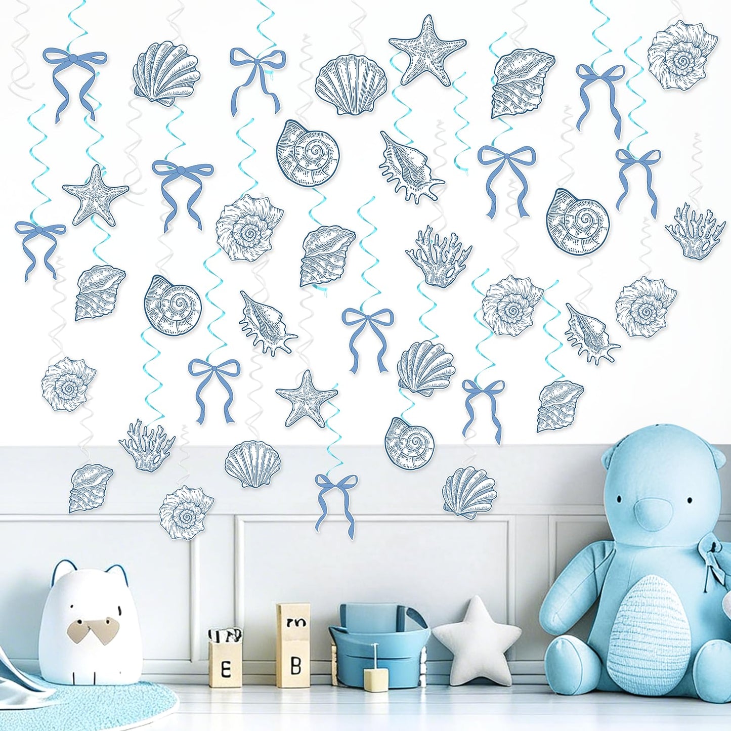 60PCS Blue Bow Starfish Seashell Hanging Swirls Beach Party Decoration Coastal Hanging Streamers for Summer Mermaid Birthday Under the Sea Party Bachelorette Wedding Favors
