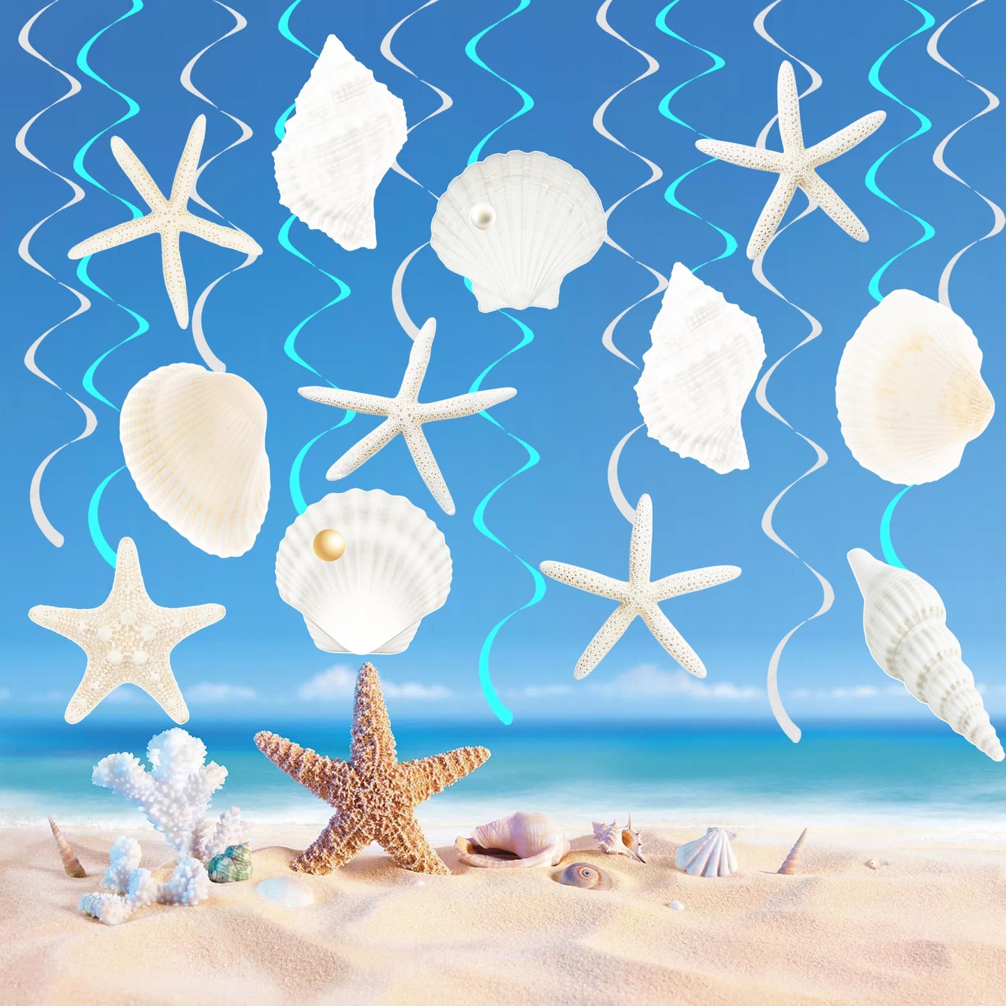 Seashell Hanging Swirls 21Pcs Coastal Beach Birthday Party Decoration Starfish Seashell Ceiling Swirls Decor Ocean Seashell Conch Cutout Hanging Streamers for Nautical Wedding Party Supplies