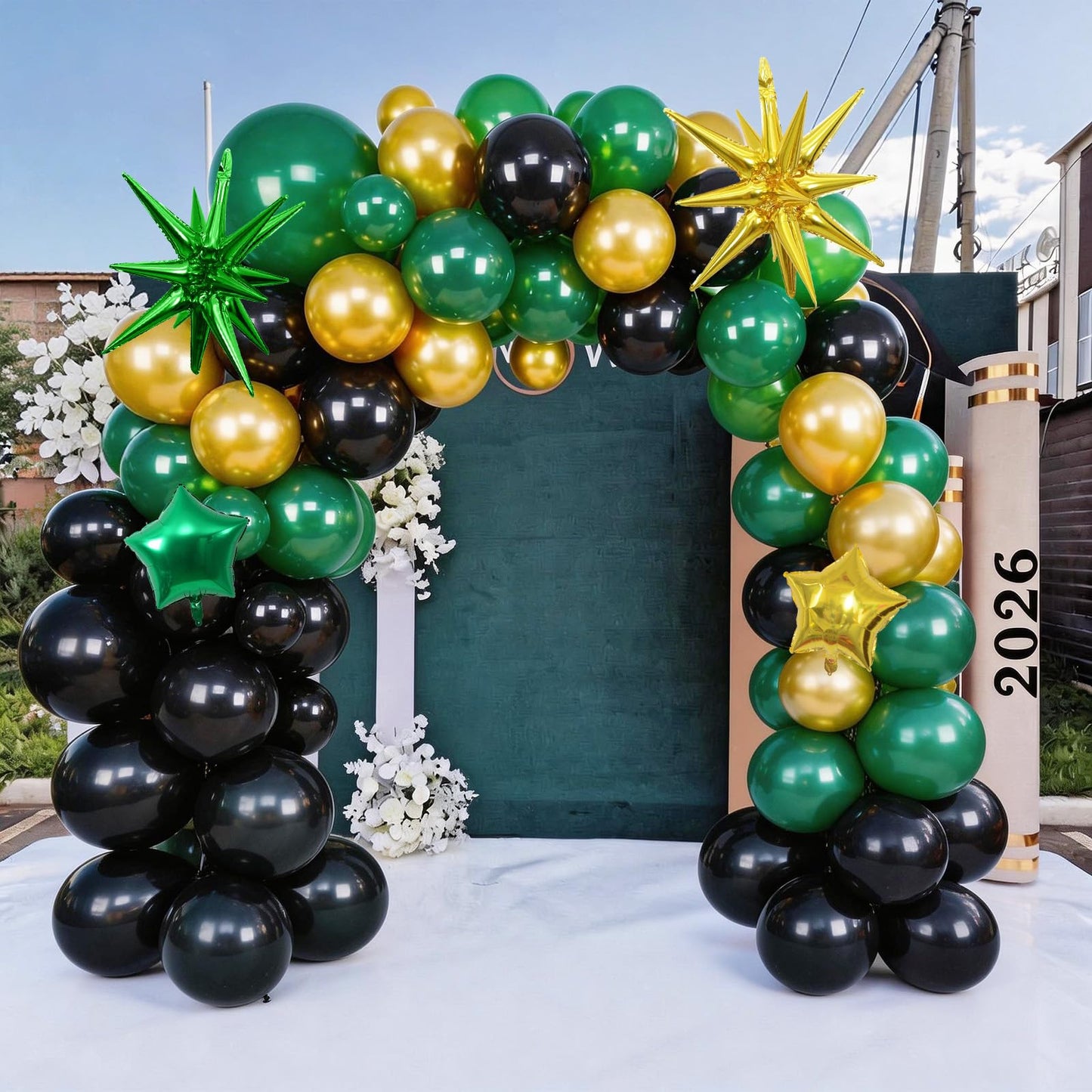 Graduation Balloon Arch Kit 2026 Green and Gold Black Balloon Garland Emerald Forest Dark Green Balloons with Star Foil for Congrats Grad Retirement Prom Birthday Football Party Decorations, 104Pcs