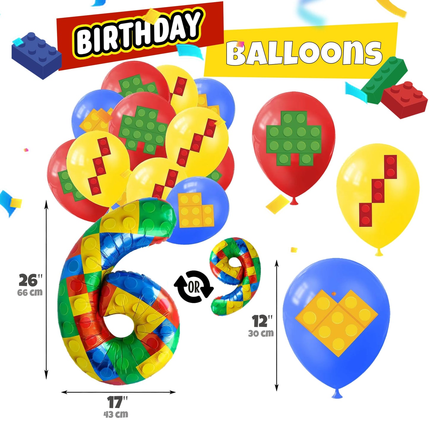 Birthday Decorations 6 Year Old Boy – 6th or 9th Birthday Decorations – Building Blocks Party Kit – Number 9 or 6 Balloons, Banner, Cupcake & Cake Toppers – Brick Theme Party Supplies for Boys 6 or 9