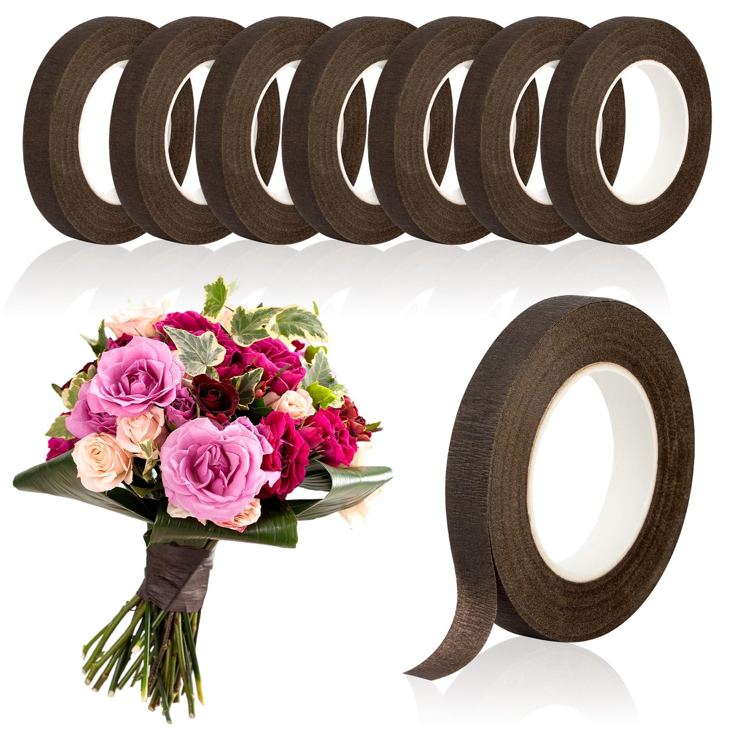 COIDEA 8 Packs Floral Tape, 1/2" Wide Flower Tape, Brown Floral Tape for Fresh Flowers, Adhesive Florist Tape for Floral Crafts, Bouquet Floral Arranging Stem Wrapping, Wedding Bouquet, 30Yard