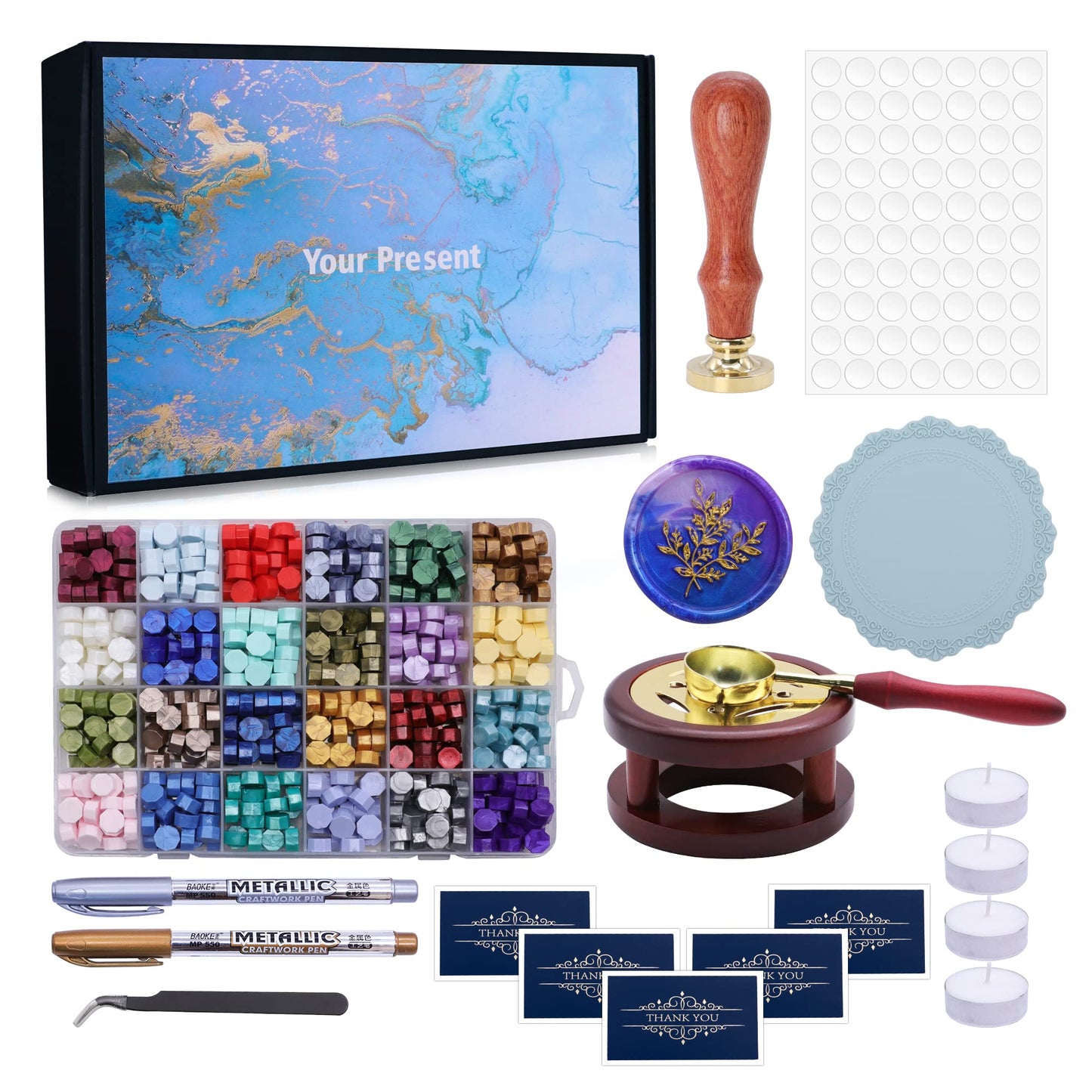 SWANGSA Wax Seal Kit with Gift Box, 24 Color 700pcs Sealing Wax Beads with Eucalyptus Stamp, Furnace, Pen, Thank You Cards and Silicone Mat for Wedding Invations, Christmas