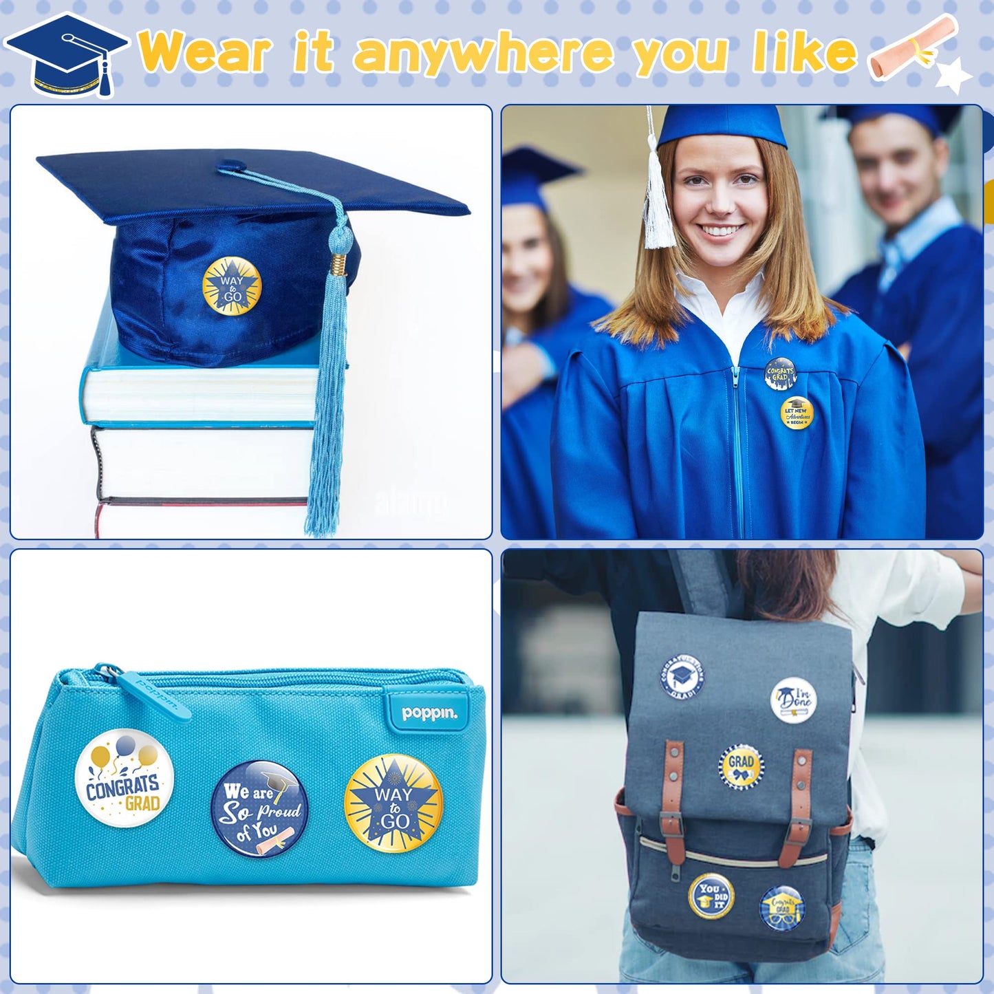 Dvbonike 40Pcs Graduation Button Pins, Class of 2024 Round Badges for Congrats Grad, Graduation Ceremony Party Gifts Supplies Blue and Gold Clothing Bag Decoration for College School Students