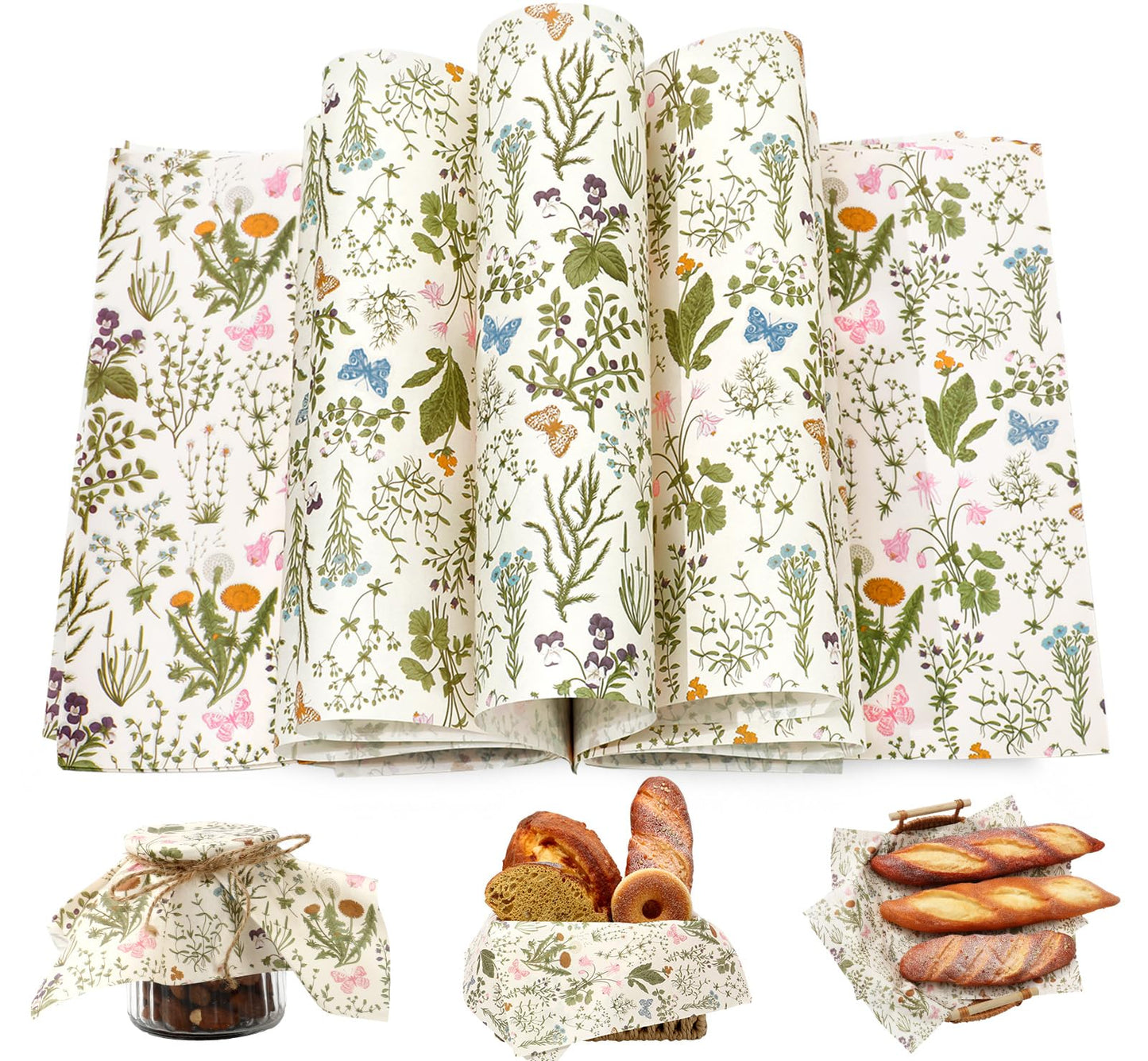 JarThenaAMCS 200 Pcs Wildflower Wax Paper Sheets Deli Paper Vintage Floral Sandwich Wrap Tissue Waterproof Oil-Proof Food Basket Liner for Spring Picnic Kitchen Supplies, 9.8 x 8.3 Inch