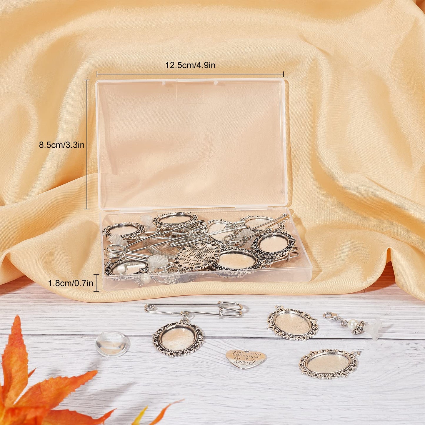 SUNNYCLUE 1 Box 100Pcs DIY 10 Sets Wedding Bouquet Photo Charms Making Kit Bridal Boutonniere Photo Charm Safety Pin Memory Brooch Lobster Claw Angel Pendants Trays and Domes Cabochon Setting Crafting