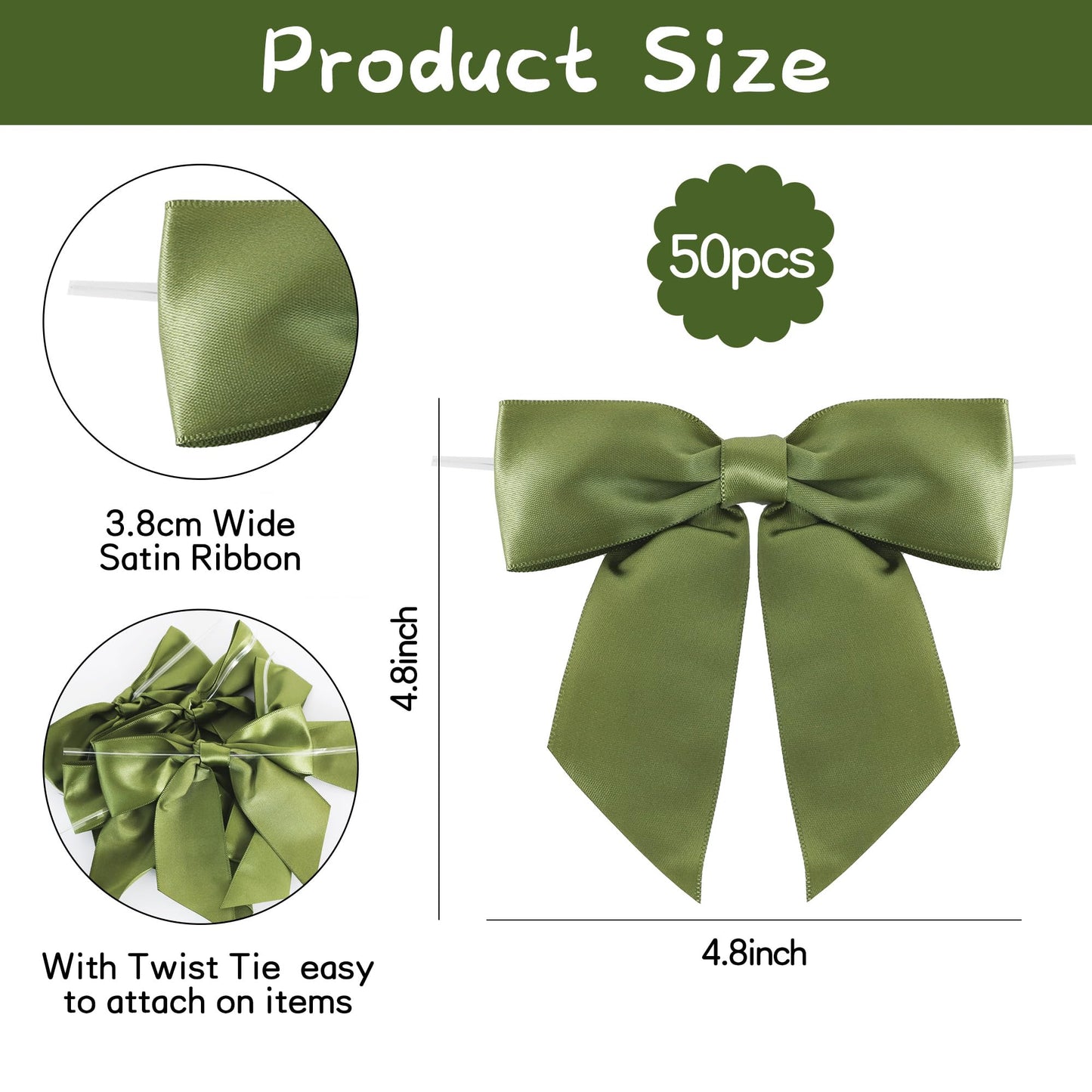 TONIFUL 50pcs Moss Satin Ribbon Bows with Twist Tie, 4.5 Inch Sage Satin Bows for Gift Wrapping, Treat Bags, Crafts, Bottles, Christmas Tree, Wedding, Baby Shower, Birthday Party Decorations