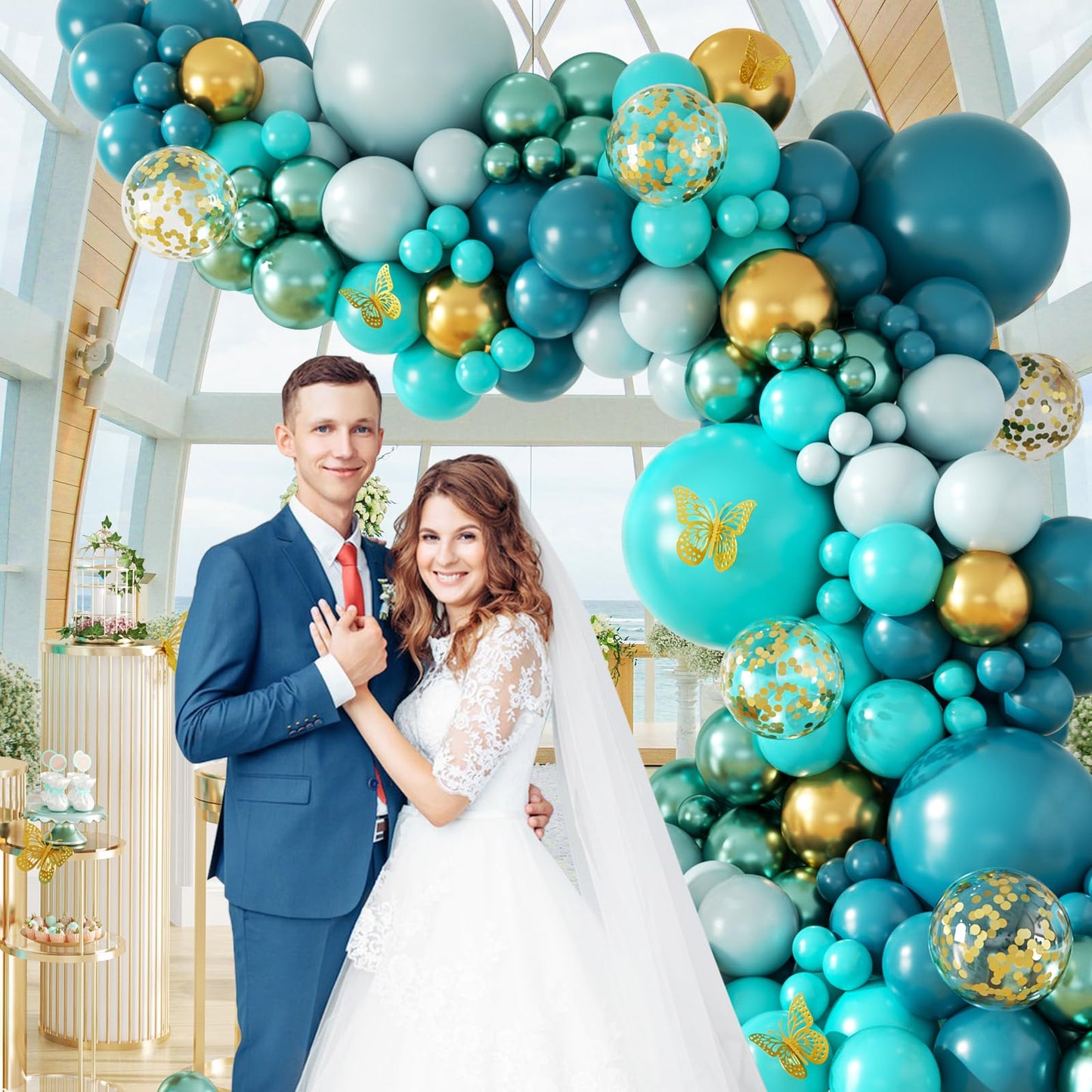 142pcs Teal Turquoise Balloon Arch Garland Kit with Teal Turquoise Pastel Blue Metallic Green Gold Confetti Balloons for Anniversary Bridal Shower Baby Shower Birthday Party Decorations