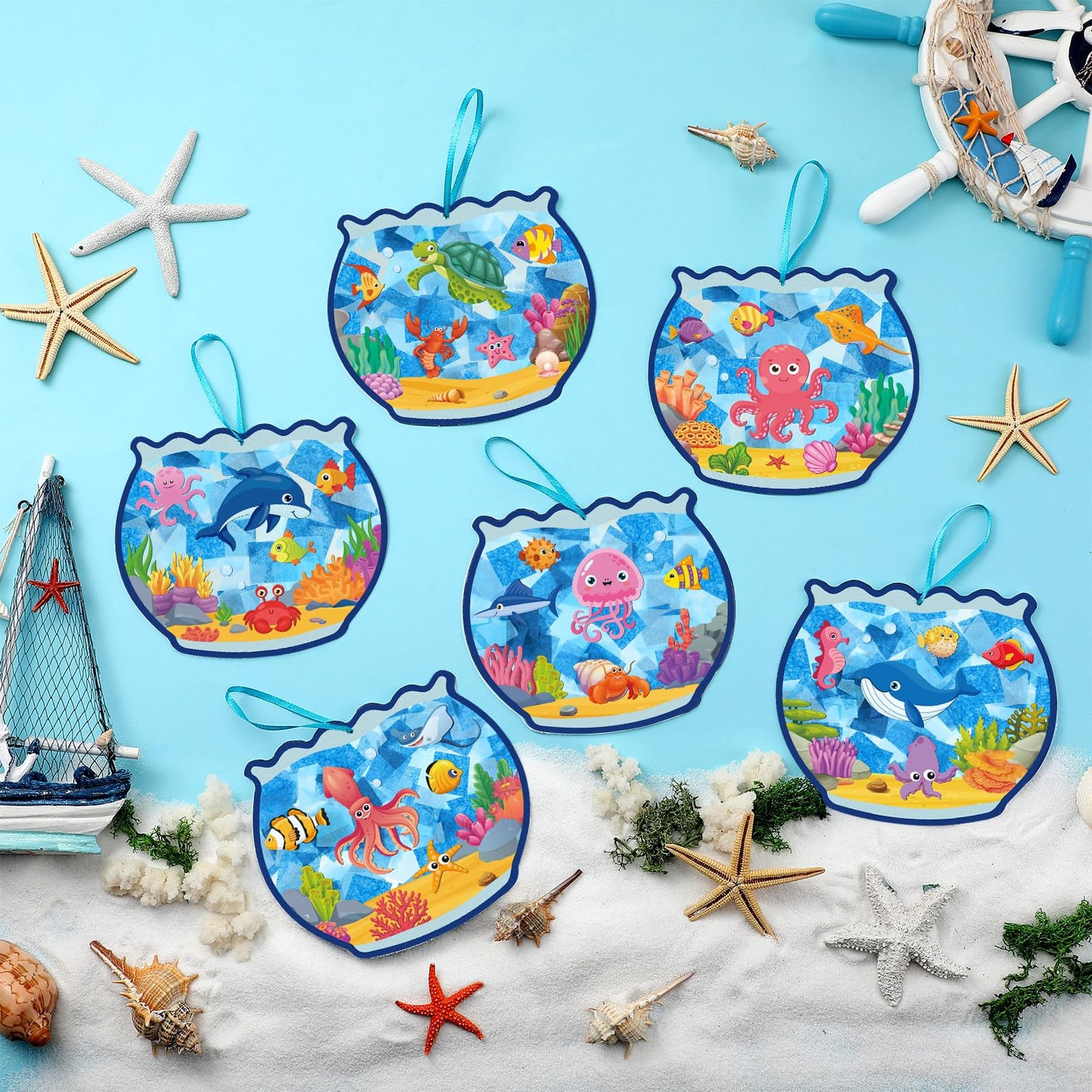 Supervitae 24 Sets Fishbowl Paper Crafts Kits Summer Crafts Sun Catchers Art Kits DIY Fish Tissue Paper Sign Make an Ocean Animals Worlds Stickers Scene for Window Activities Game Party Decor