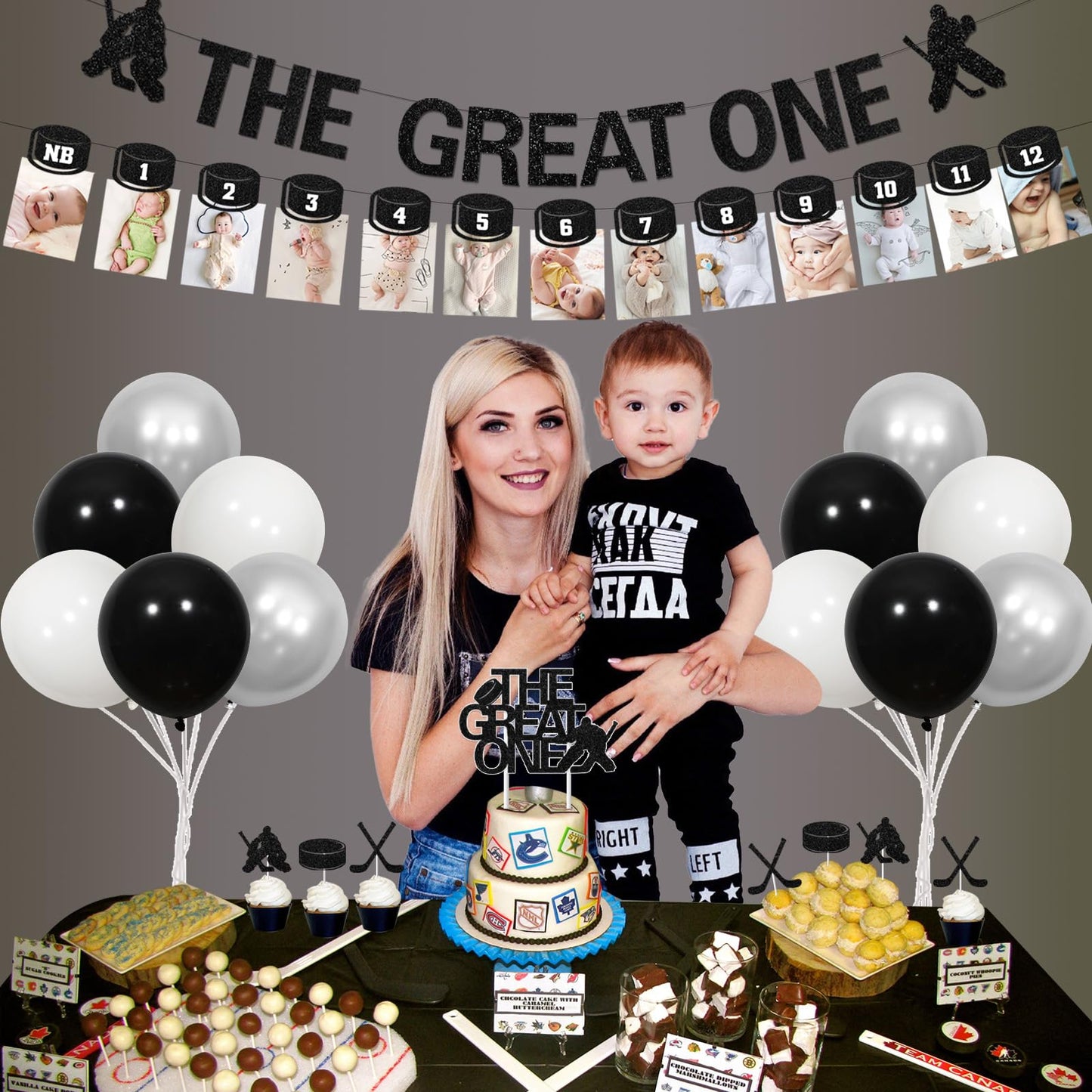Hockey 1st Birthday Decorations Boys - 1st Birthday Baby Photo Banner for Newborn to 12 Months, The Great One Banner Cake Topper with Cupcake Toppers, Ice Hockey Theme Gameday Sport Party Supplies