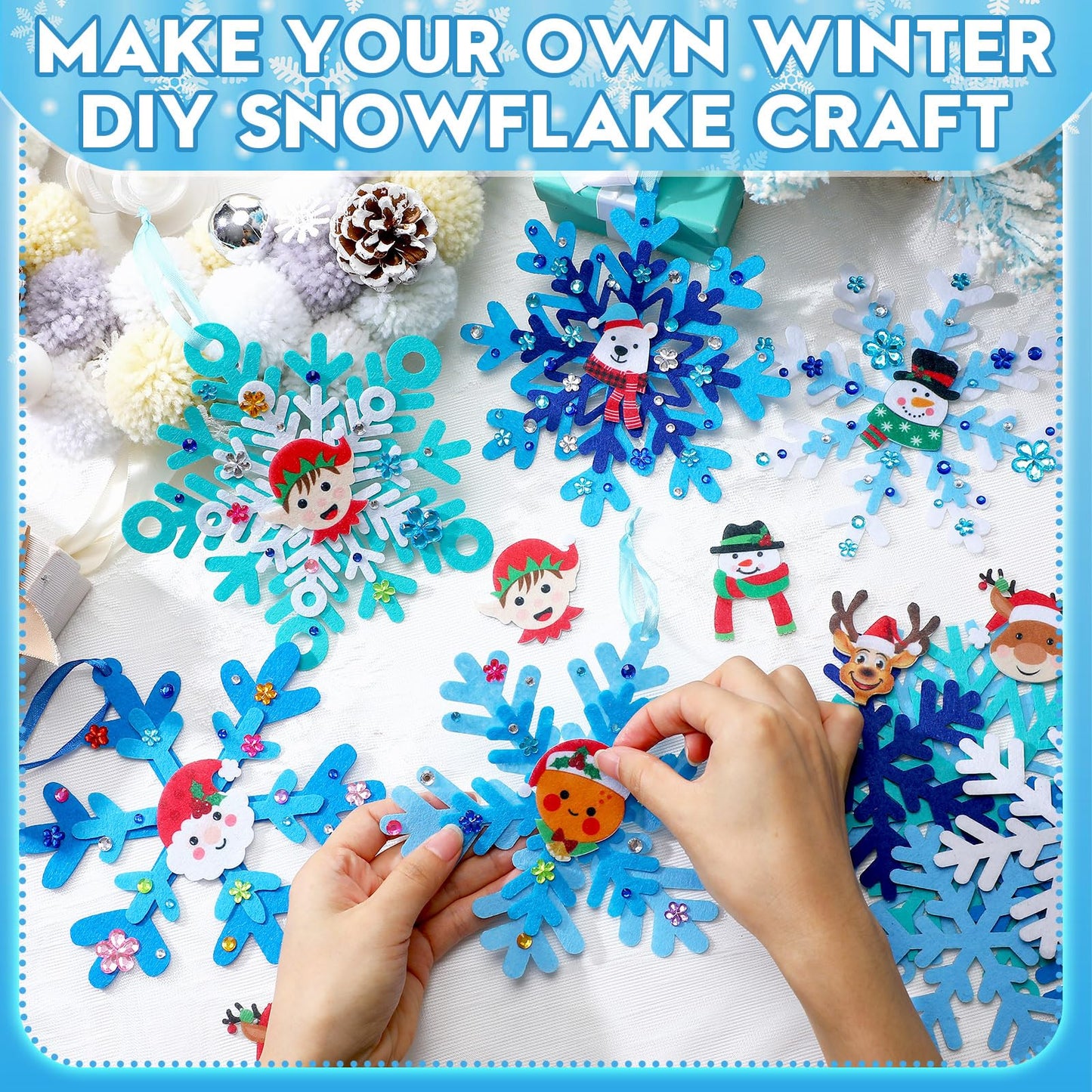 Fullhawl 261 Pcs Christmas Snowflake Crafts Kits Xmas Winter Snowflake DIY Craft Ornament Decor Christmas Santa Claus Snowman Gingerbread Man Foam Stickers for Winter Holiday Activities Party Favor