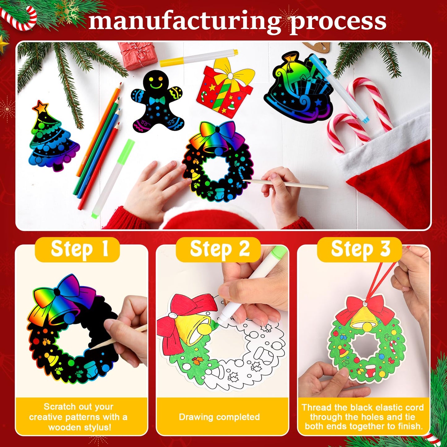 Garma 72Pcs Christmas Crafts Scratch Art for Kids, Rainbow Scratch Paper Christmas Ornaments Crafts Christmas Party Favors Toys Xmas Tree Ornaments Hanging Craft Art Kits