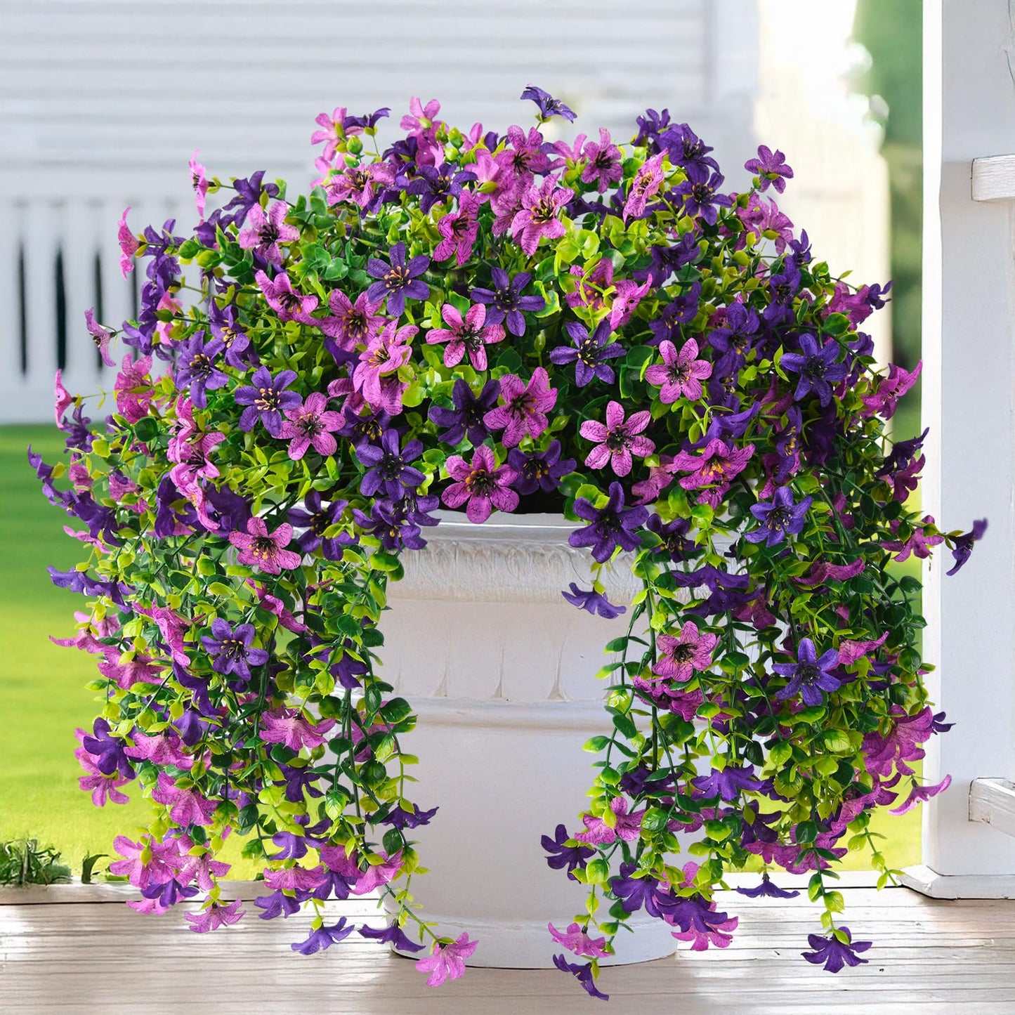 Homsunny Artificial Fake Hanging Flowers Plants for Outdoor Spring Summer Decoration, 2 PCS Faux Silk Flower Outside Planter UV Resistant Look Real for Front Patio Porch Home Decor (Double Purple)