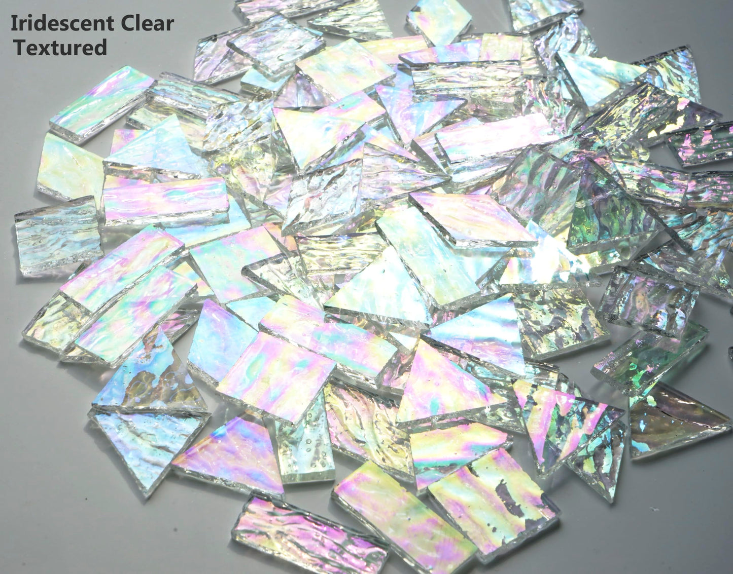 CHICSHIS Iridescent Textured Cathedral Glass Mosaic Tiles, 200g Transparent Stained Glass Pieces for Mosaic Art, Pre-Cut for Handmade Crafts, Clear