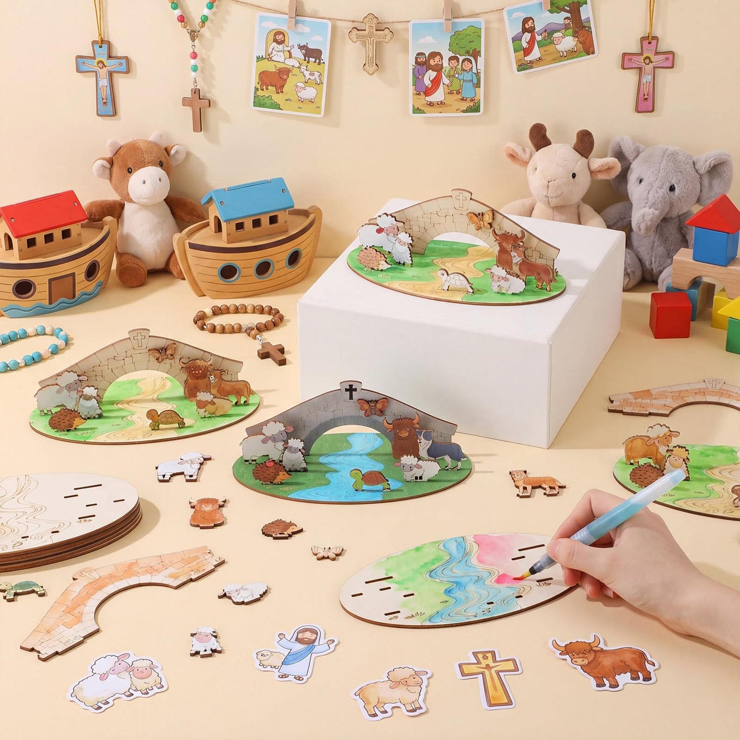 DoubleFill 12 Set 2026 Vbs Crafts for Classroom DIY Emerald Cross Themed Craft Kits Farmhouse Animals Wooden Cutouts Kit Country Animal Multi-Layer Crafts for Sunday School Church Bible Decor