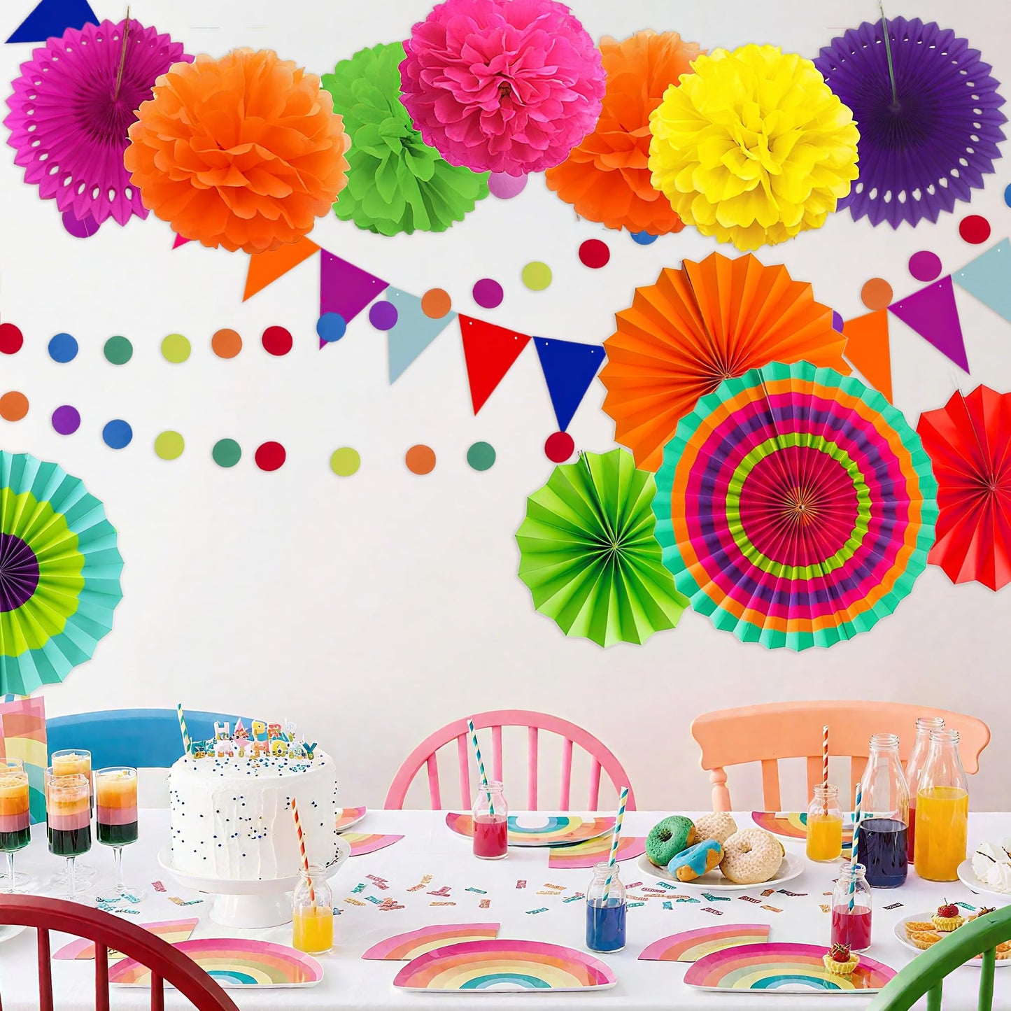 Naimo Hanging Party Decorations Set Paper Flower Pom Poms Banner Flag Dots Garland Paper Fan Wall Decor for Brithday Baby Shower Wedding Graduation