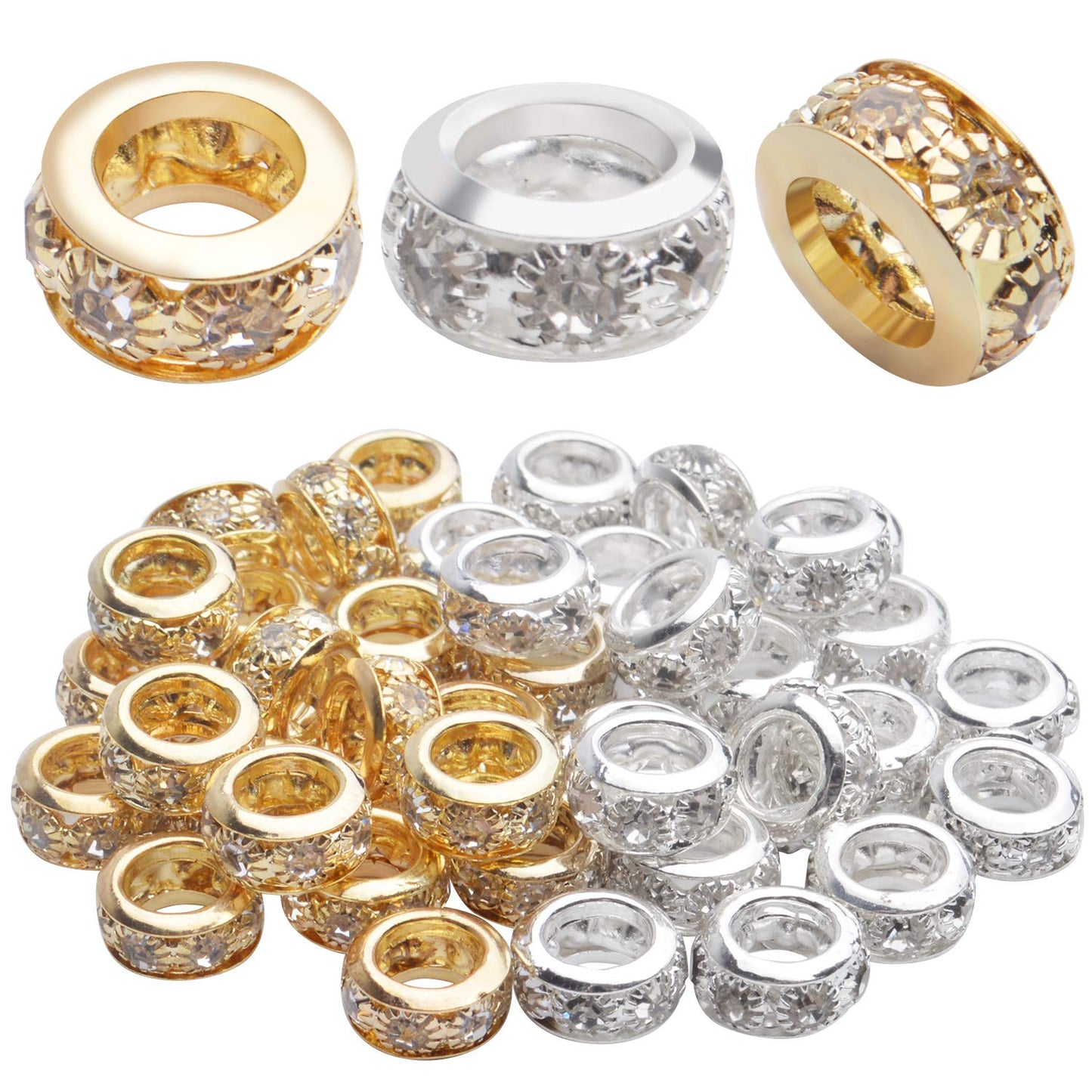 Large Hole Rhinestone Spacer Beads, 40pcs 10mm Crystal Pave Brass Rondelle Beads Fit European Bracelet Snake Chain Jewelry DIY