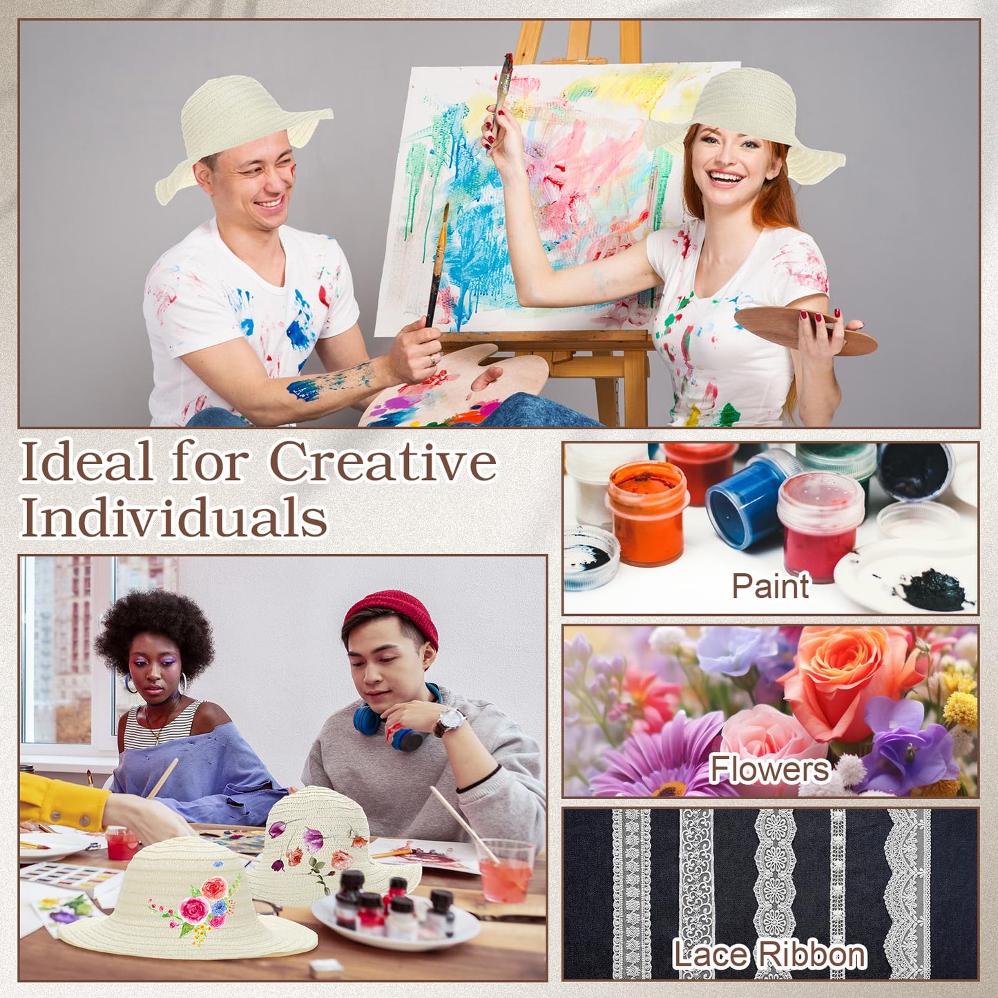 Chicingyou 6 Set DIY Straw Hat Set DIY Tea Party Hats Handmade Cap with Paints Brushes Craft Art Painting Cap Tea Party Supplies Mexican Arts Crafts Gifts for Adults Women Men (Classic Style)