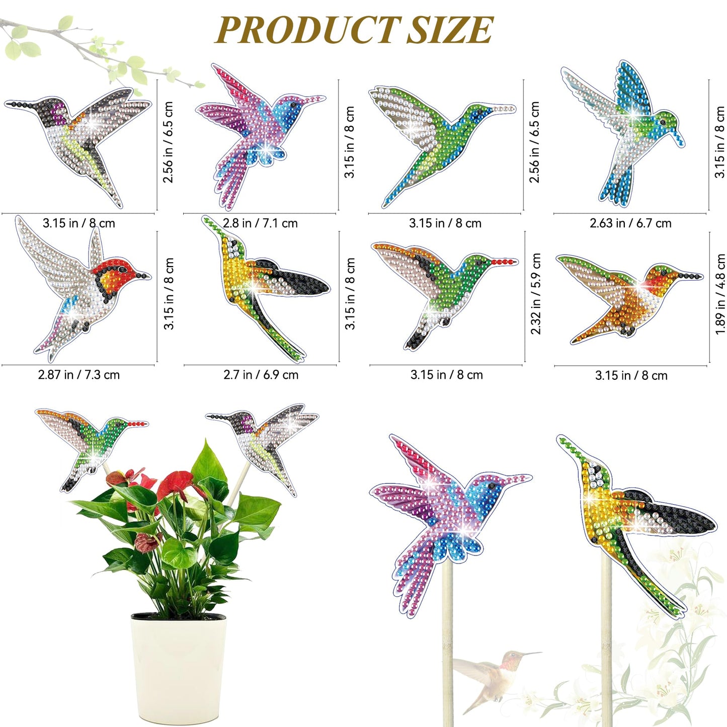 Vcekract 8 Pcs Hummingbird Diamond Painting Kits, Diamond Art Kits for Garden Decor, Garden Stakes Diamond Art Kits for Adults, Diamond Painting Small, Diamond Painting Ornaments for Family Decor
