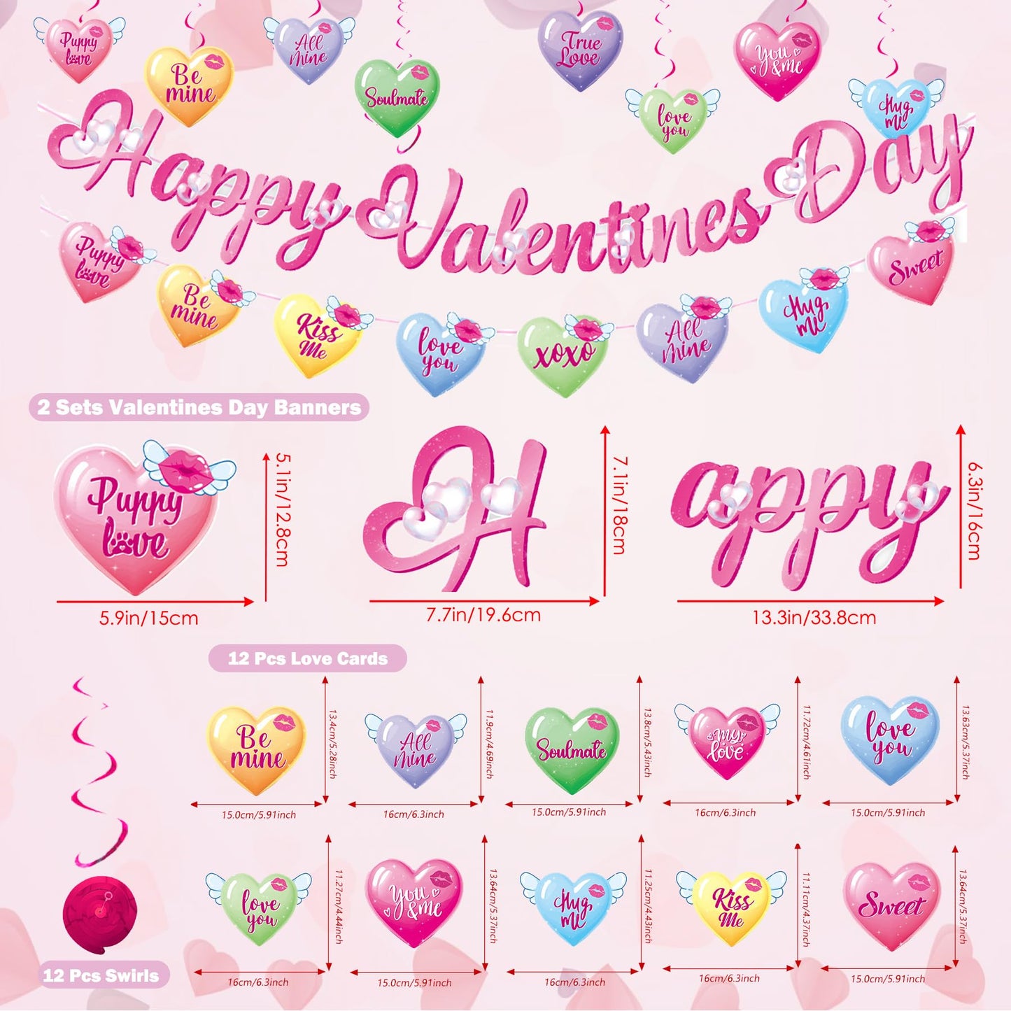 56 Pcs Valentines Party Decorations Kit, Happy Valentine’s Day Banners Hanging Swirls and 30 Pcs DIY Selfie Photo Props Party Supplies, for Wedding Party Home Office Ornaments