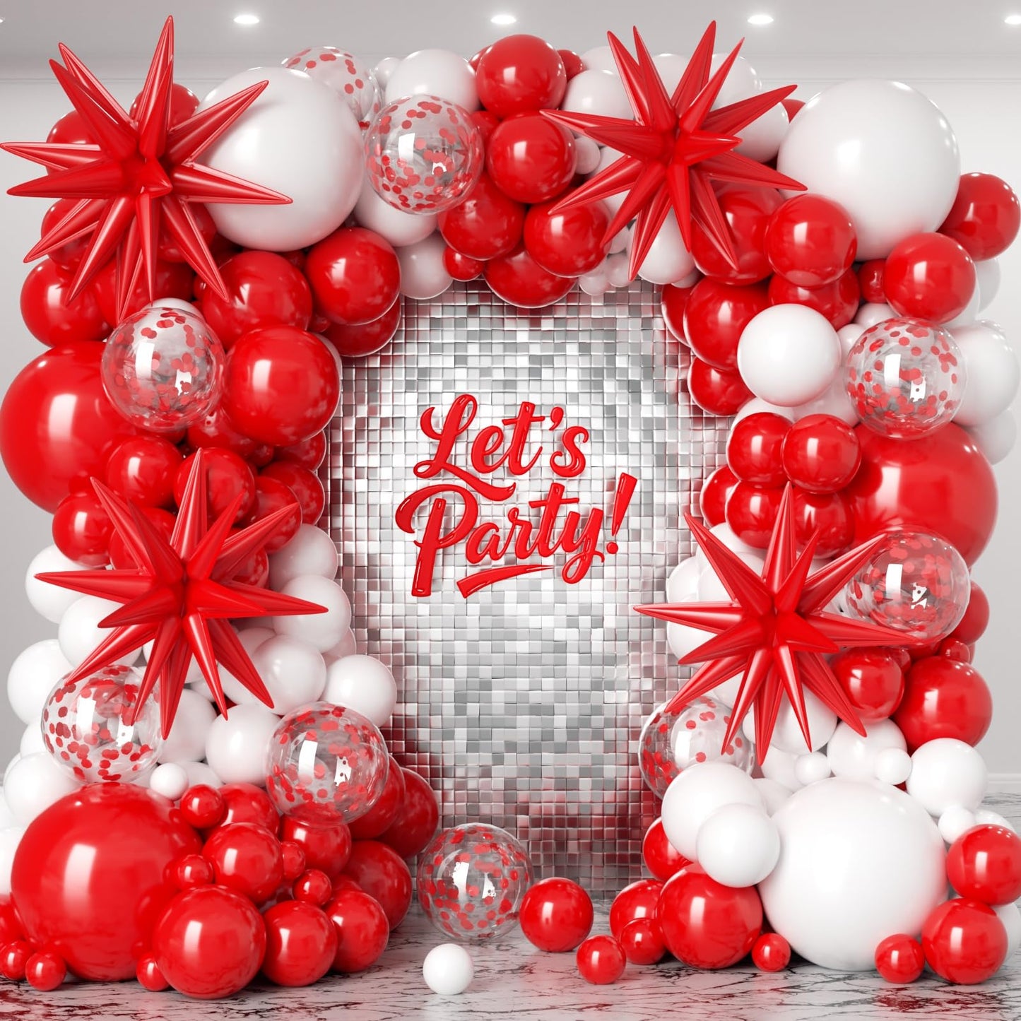 PTGOLUO Red and White Balloon Garland Arch kit 153pcs with Star - 22 18 12 10 5in Different Size Red White Confetti Latex Balloons for Christmas Wedding Valentine's Day Birthday Party Decorations