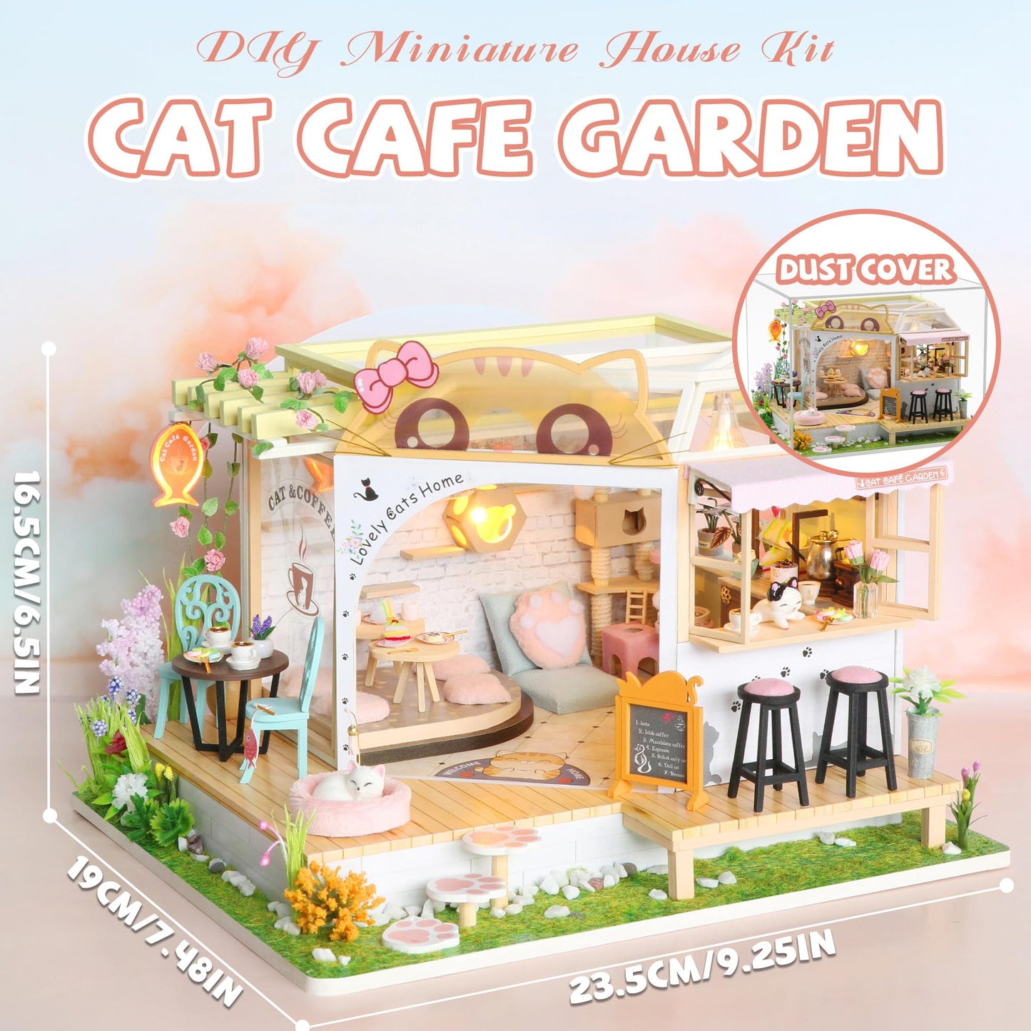 Kisoy Dollhouse Miniature with Furniture Kit, Handmade DIY House Model for Teens Adult Gift (Cat Cafe Garden)