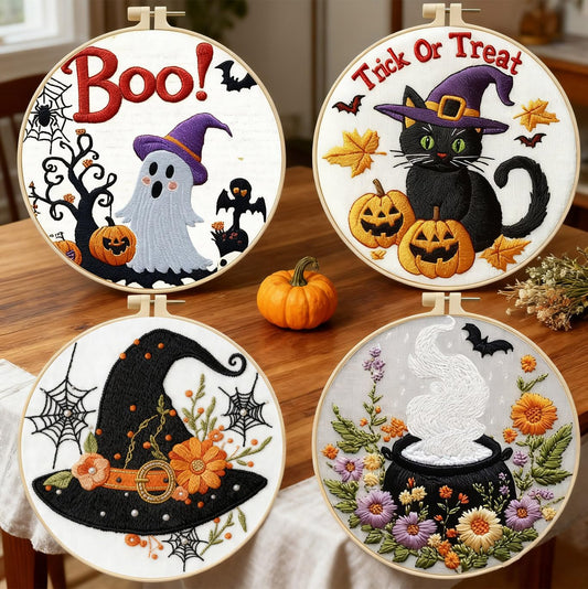 Zhenqing 4-Piece Halloween Embroidery Kit for Beginners - Spooky Ghost, Witch Hat, Black Cat & Cauldron Designs with Pre-Printed 29x29cm Cotton Fabric, Hoop, Threads & Tools(C0165)