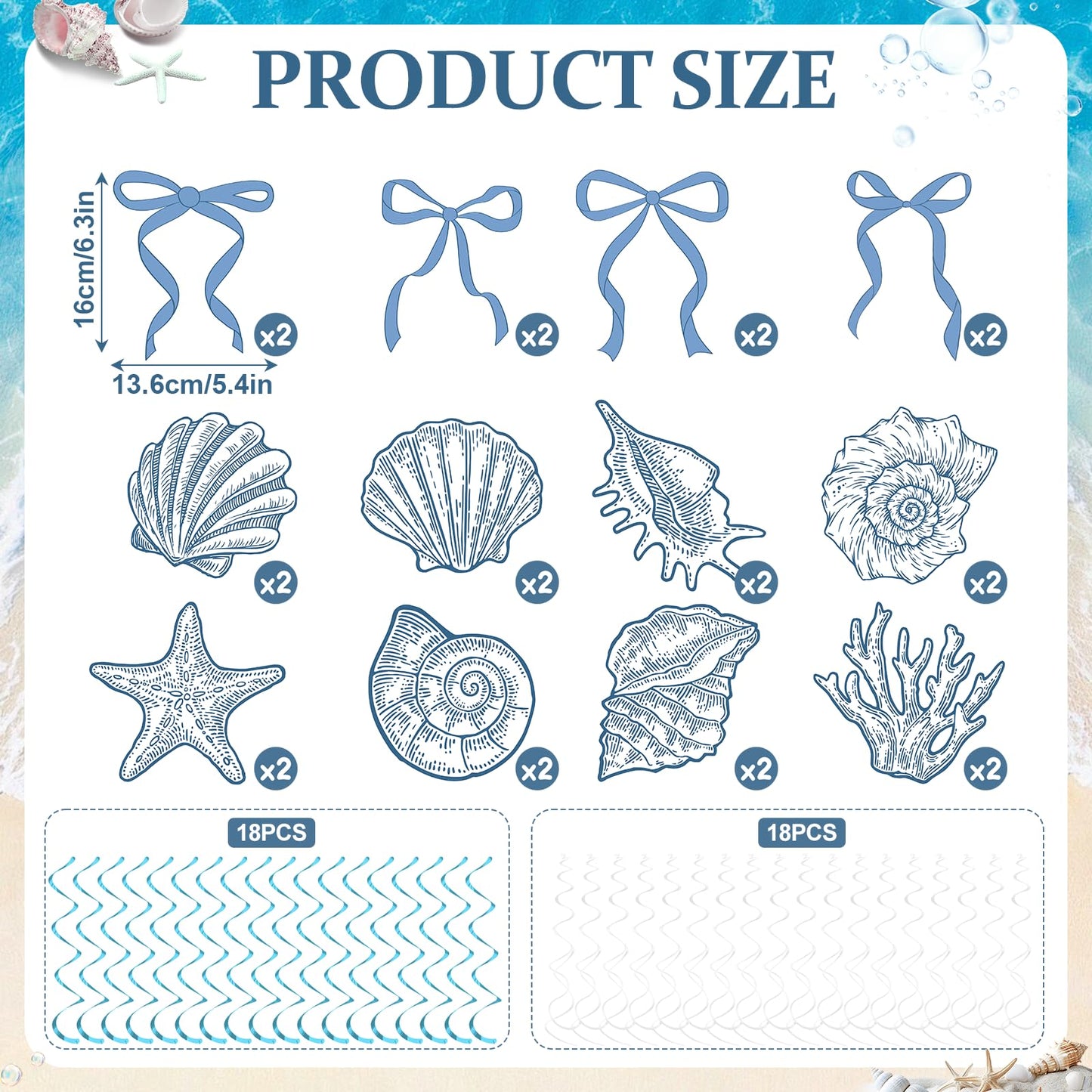 60PCS Blue Bow Starfish Seashell Hanging Swirls Beach Party Decoration Coastal Hanging Streamers for Summer Mermaid Birthday Under the Sea Party Bachelorette Wedding Favors