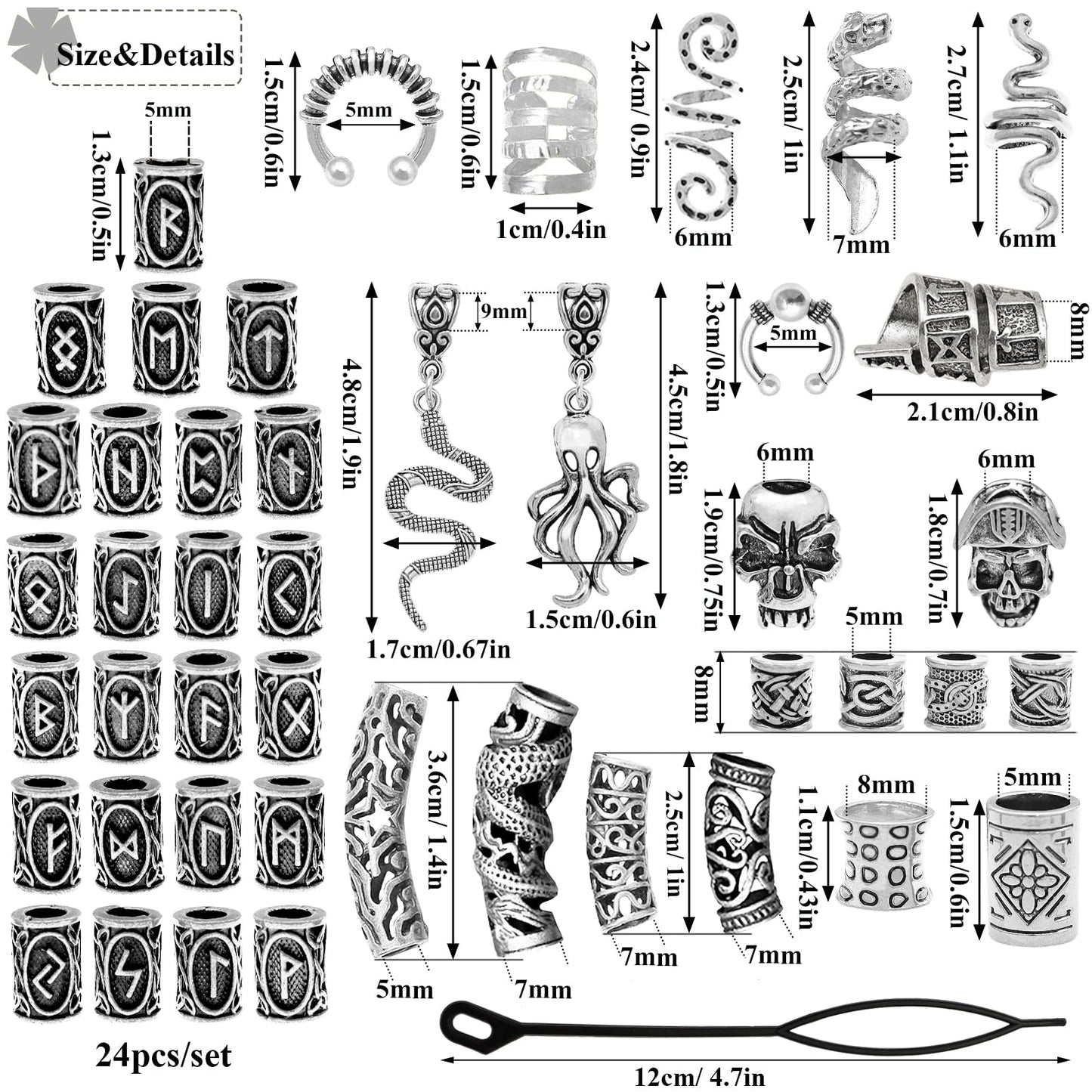 Fscwlmon 207Pcs Viking Hair Jewelry Nordic Runes Tube Beads,Accessories Kit for Braids Dreadlock Beard Locs,Metal Clips Cuff Rings,Braiding Beard Decoration Bracelets Pendant Necklace DIY Silvery