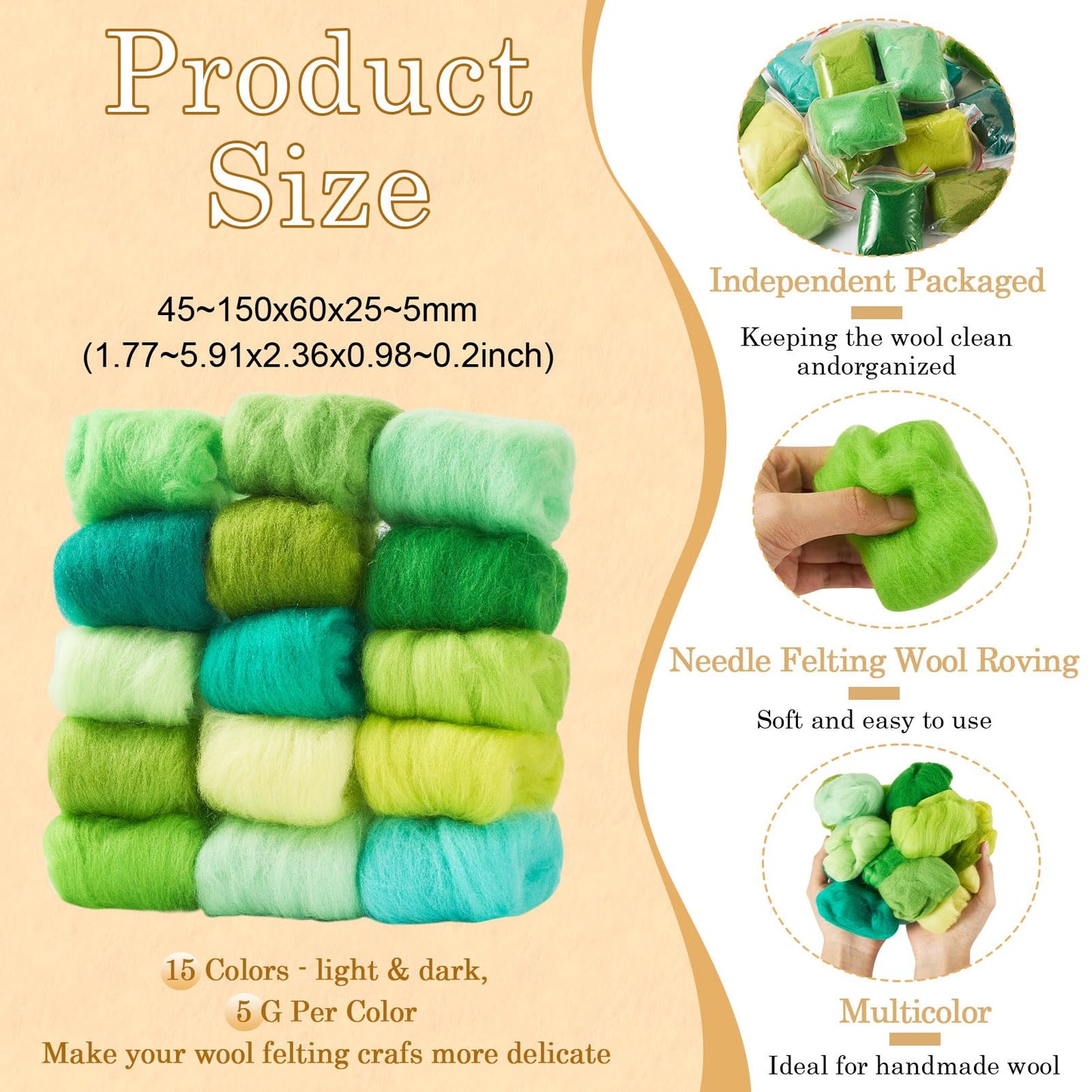 Beadthoven 15 Colors Felting Wool Roving Gradient Color Needle Felting Wool Roving Yarn Fiber Spinning Wool Roving for Needle Felting, DIY Hand Spinning, Wet Felting, DIY Craft Green 75G