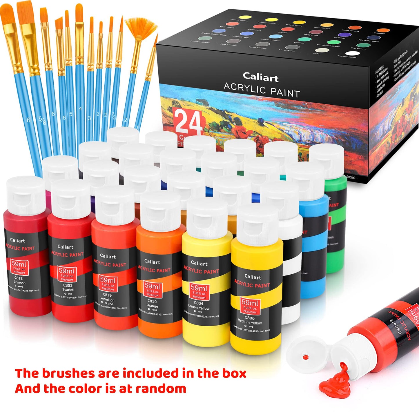 Caliart Acrylic Paint Set with 12 Brushes, 24 Colors Wood Craft Paints for Adult Artist Beginner Painter, Rich Pigments, Halloween Pumpkin Canvas Ceramic Rock Painting Art Kit Supplies