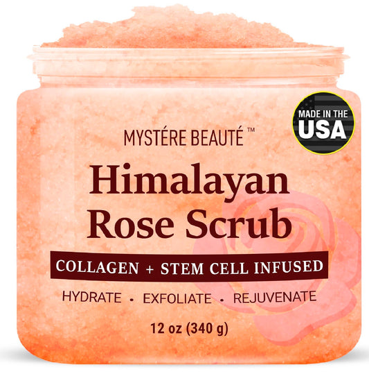 MYSTÉRE BEAUTÉ Himalayan Salt Body Scrub with Collagen & Rose Oil (12 oz) - Exfoliating Scrub for Cellulite, Acne, Scars & Stretch Marks - Deep Cleansing & Moisturizing - Natural Skin Care Gift