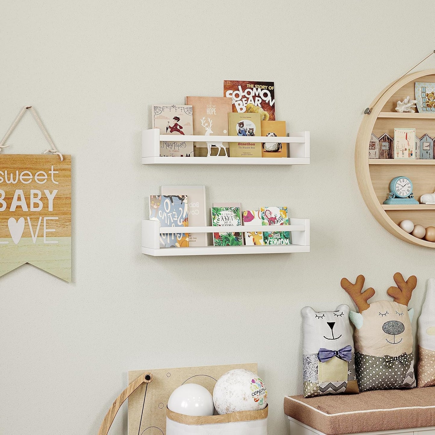 Onlysky Set of 4 Wall-Mounted Kid's Bookshelf - White Floating Nursery Book Shelves - Durable Wood Construction - Ideal for Nursery Decor, Kids Room, Toy Storage