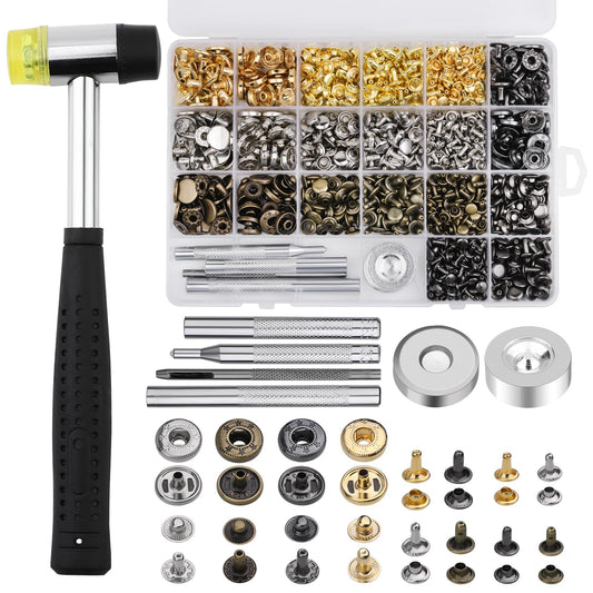 Yizzvb 320 Pcs Leather Rivets Kit, 60 Pcs Leather Snap Fasteners, 2 Size Double Cap Rivets Tubular, Double-Sided Nylon Hammer Fixing Tool Kit, Installation Tools for DIY Projects, Shoes and Repair