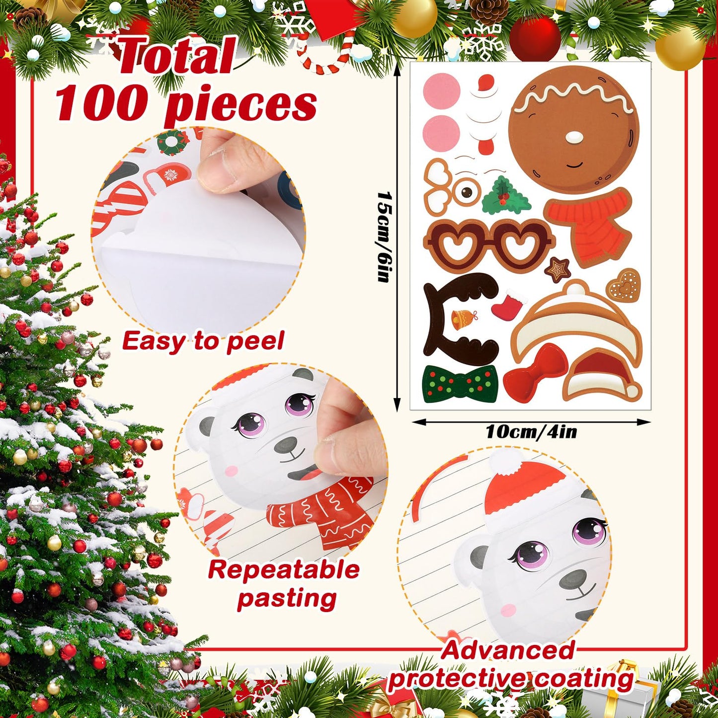 Geosar 100 Sheets Christmas Party Sticker Make Your Own Santa Gingerbread Man Snowman Reindeer Face Sheet Stickers for Christmas Party Craft DIY(Lovely)