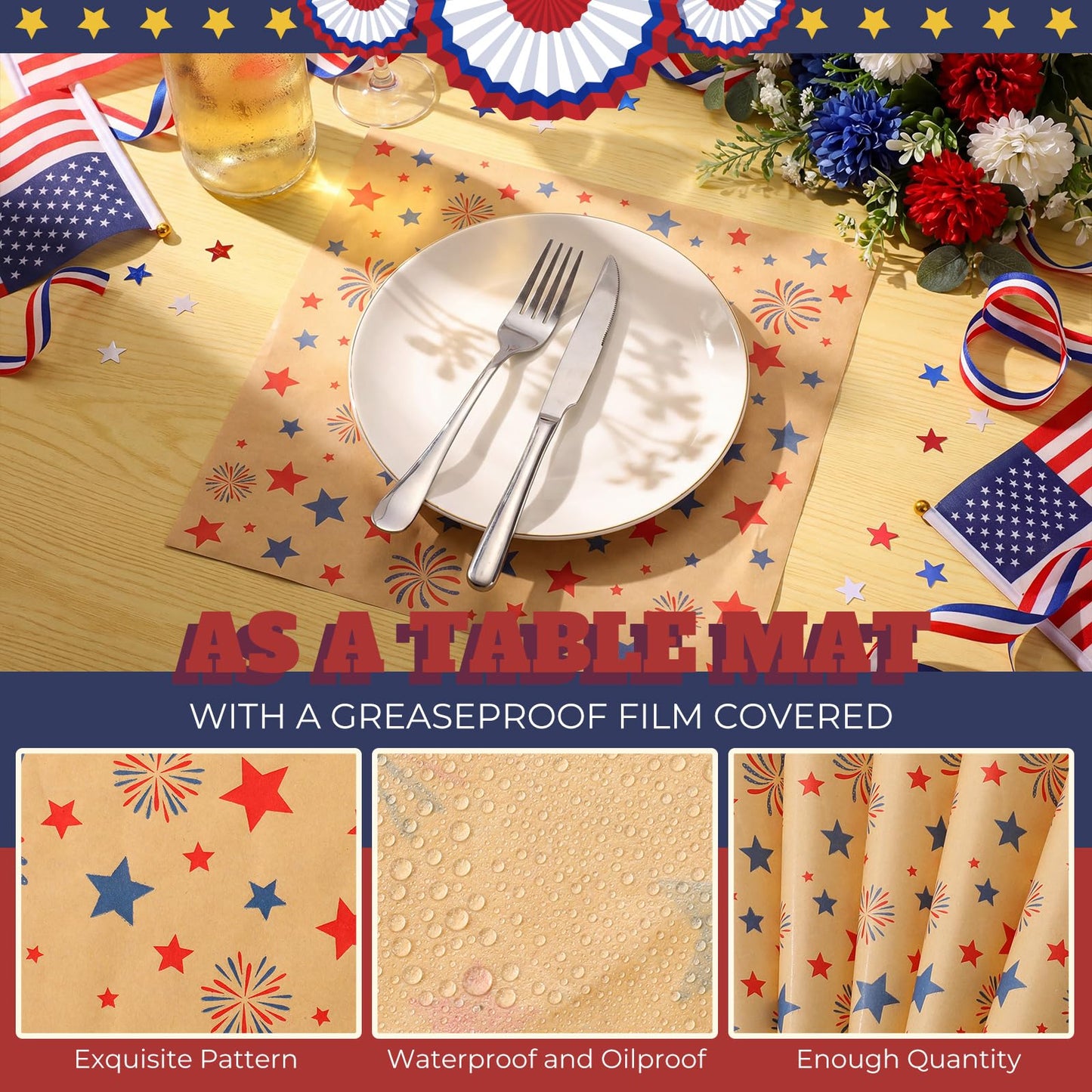 FoldTier 100 Pcs 4th of July Wax Paper Sheets for Food Wrapping 12x12 Inch Deli Paper Sheet 250th Anniversary Patriotic Firework Star Greaseproof Parchment Food Basket Liner for Sandwich Burger Fries