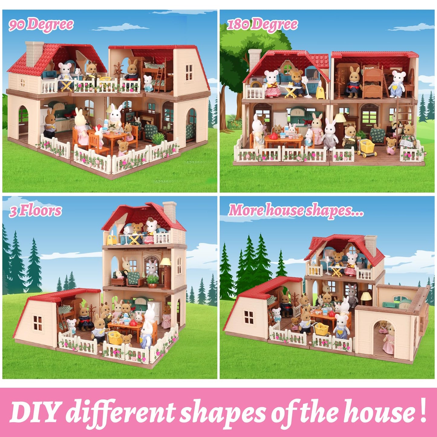 Family Cozy Cabin Doll House Playset, Dollhouse Furniture and Accessories,DIY Cottage Pretend Play Dollhouses, for Toddlers, Boys & Girls