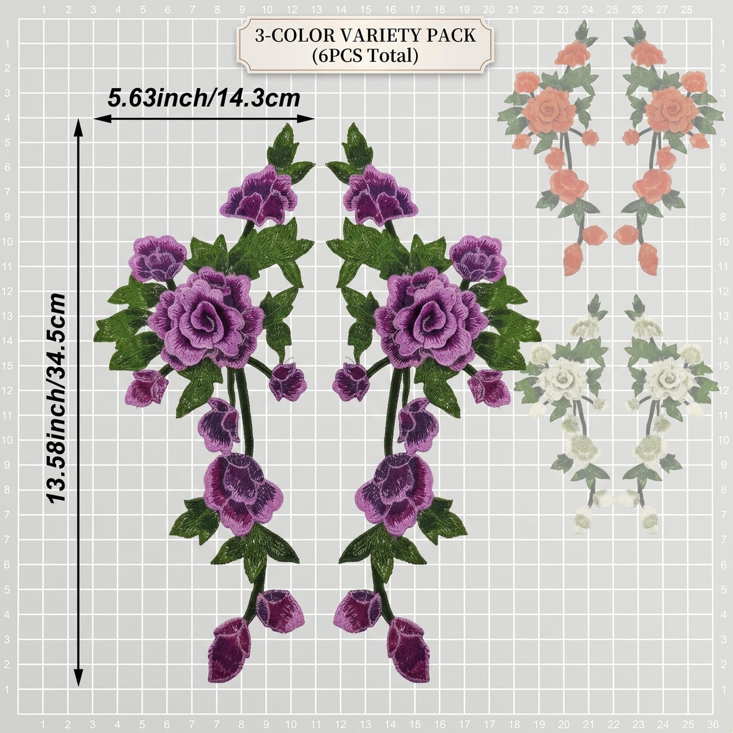 6PCS Peony Flower Embroidery Patches Large Floral Sew On Applique Patches for Women Wedding Dress Jacket Jeans Bag Shoes Decorative Repair Patch DIY Craft Embellishments 3D Design