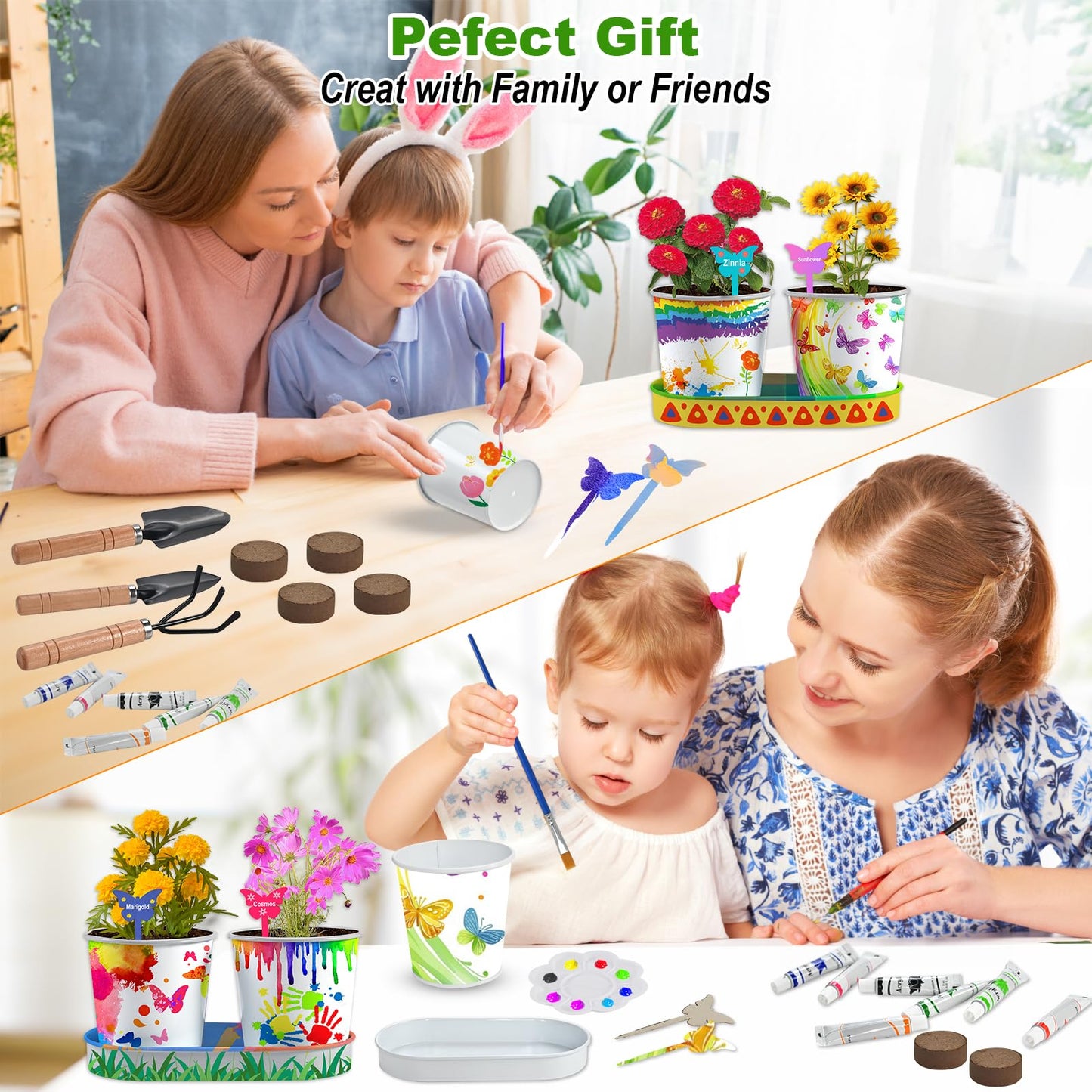 4 Pcs Kids Plant Growing Kit | Kids Gardening Set Crafts for Girls 8-12 | Kid Crafts Ages 4-8, Flower Making Art Kit for Kid 6-9, Plant Growing Set with 4 Zinc Pots, 12 Colors 9ml Paints Girl Gift