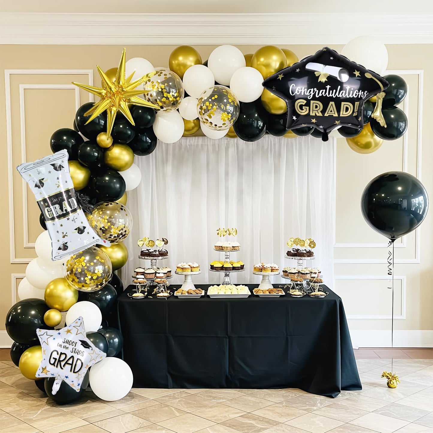 Graduation Balloon Arch Garland Kit 2026, Black Gold Confetti White Graduation Decorations with Foil Grad Cap Diploma Star Balloons for Congrats Class of 2026 Graduates Celebrations Party Decorations