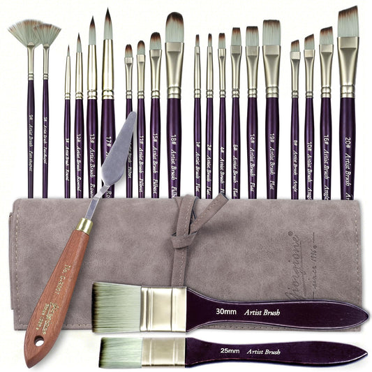 XWT 23pcs Paint Brush Set, Professional Artist Brushes for Acrylic and Oil Painting, Includes Flat, Filbert, Fan, Round, Angle, Rigger, and Palette Knife, Portable Storage Roll
