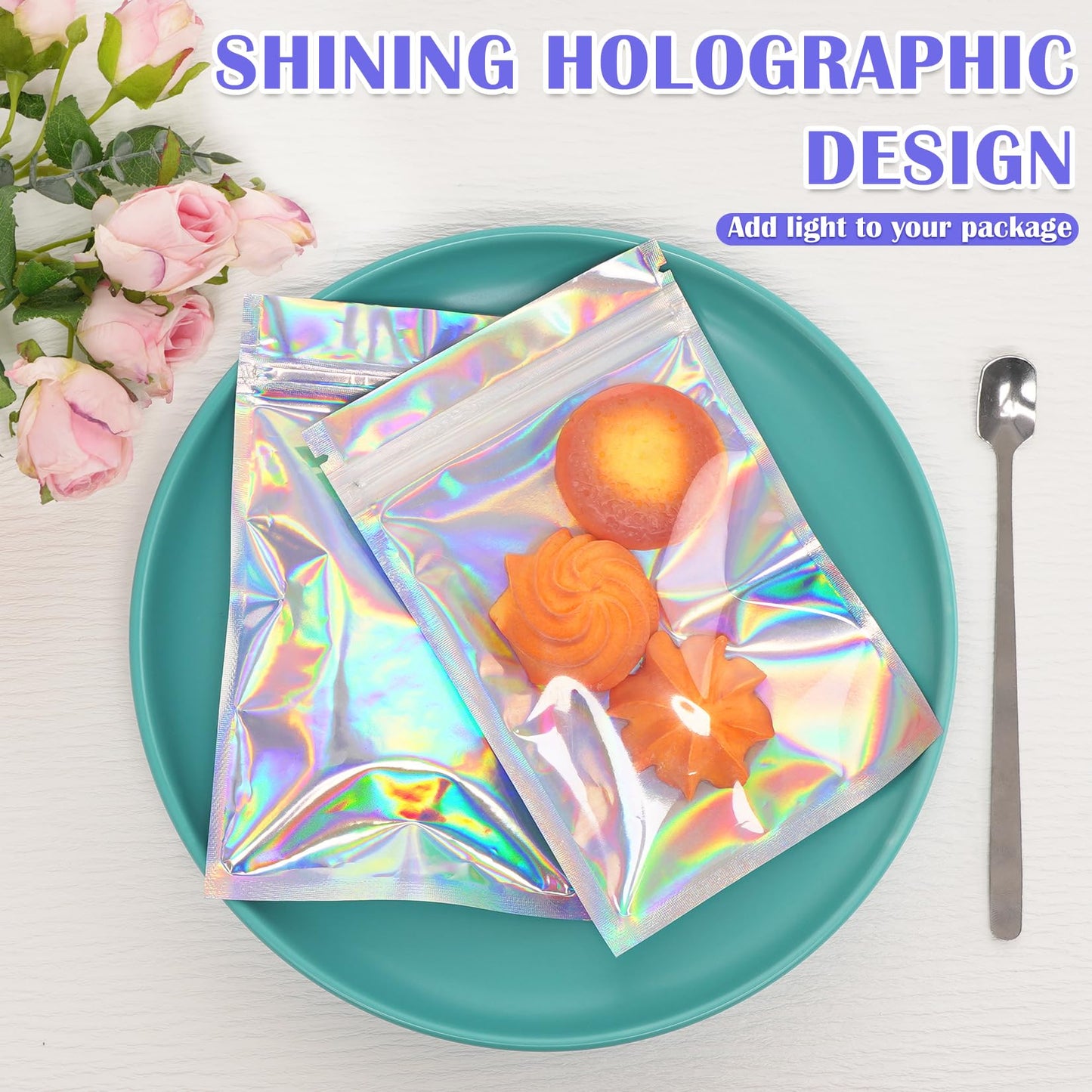 JETMORE 100 Pcs Mylar Bags, Holographic Bags, Resealable Bag for Small Business, Packaging, Sample Bag for Pen, Gift, Jewelry, Snack, Bracelets, Mothers Day Gifts (5.5x7.9in)