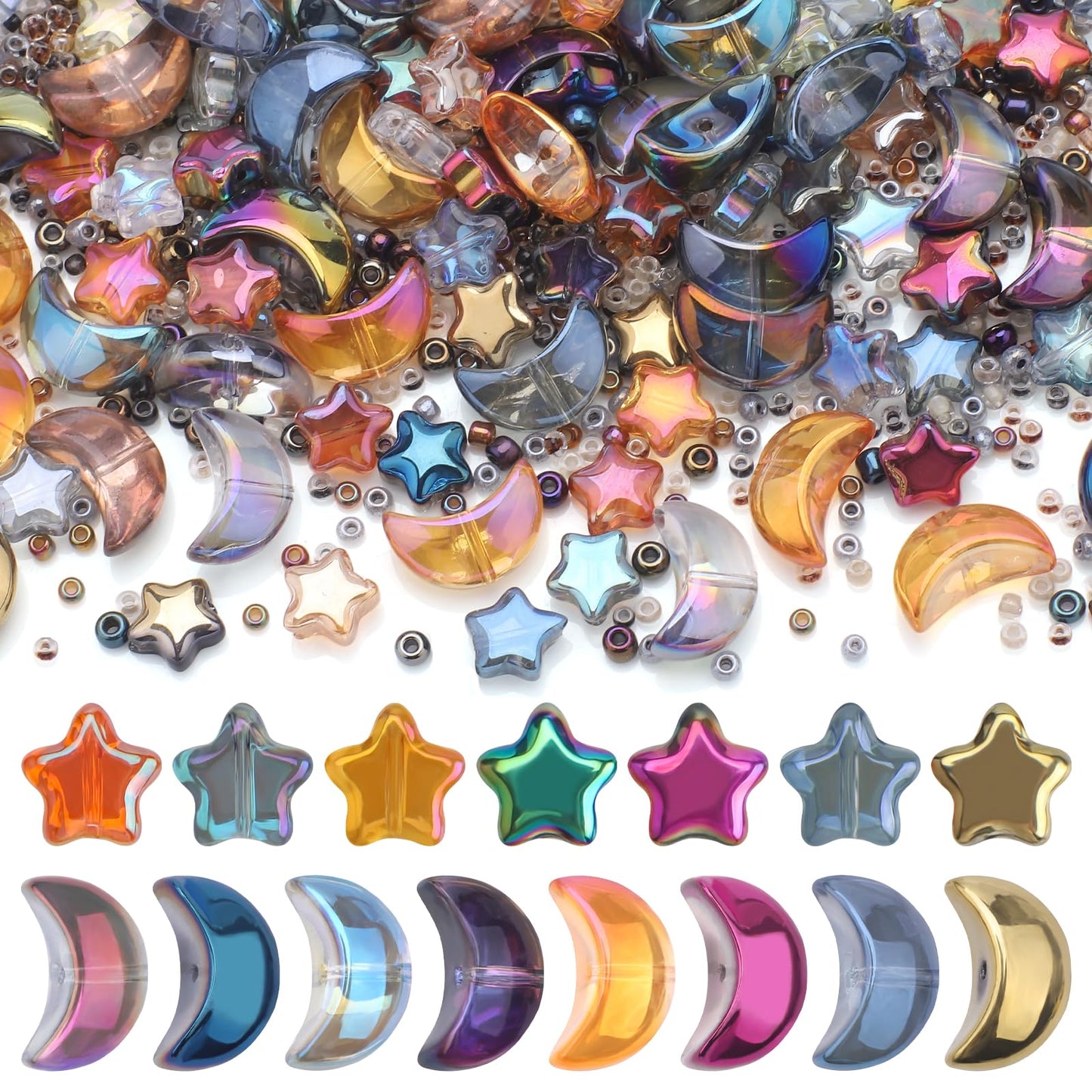 KINGSHINE 620pcs Mixed Star Moon Glass Beads for Jewelry Making, Shaped Star Moon Spacer Beads with Glass Seed Beads for DIY Supplies Bracelets Necklaces Earrings